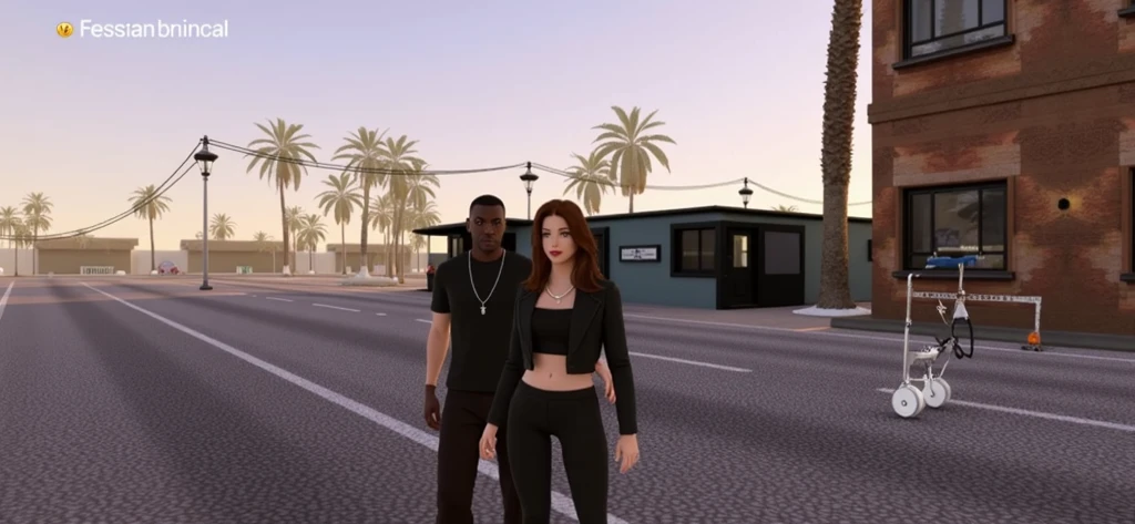 there are two people walking down the street in a city, gta v street style, gta character, as a character from gtav, gta5 style, ariana grande in gta v, style of gta v, gta 6 style, drake in gta v, grand theft auto style, gta v style, gta v character, gta 5 skin tone, realistic clothing, gta style