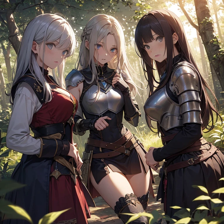 A group of  female knights, (in forest), various hair styles, harem, wearing armored clothes, metal armor, night, details face, short skirt, seducing, sword,