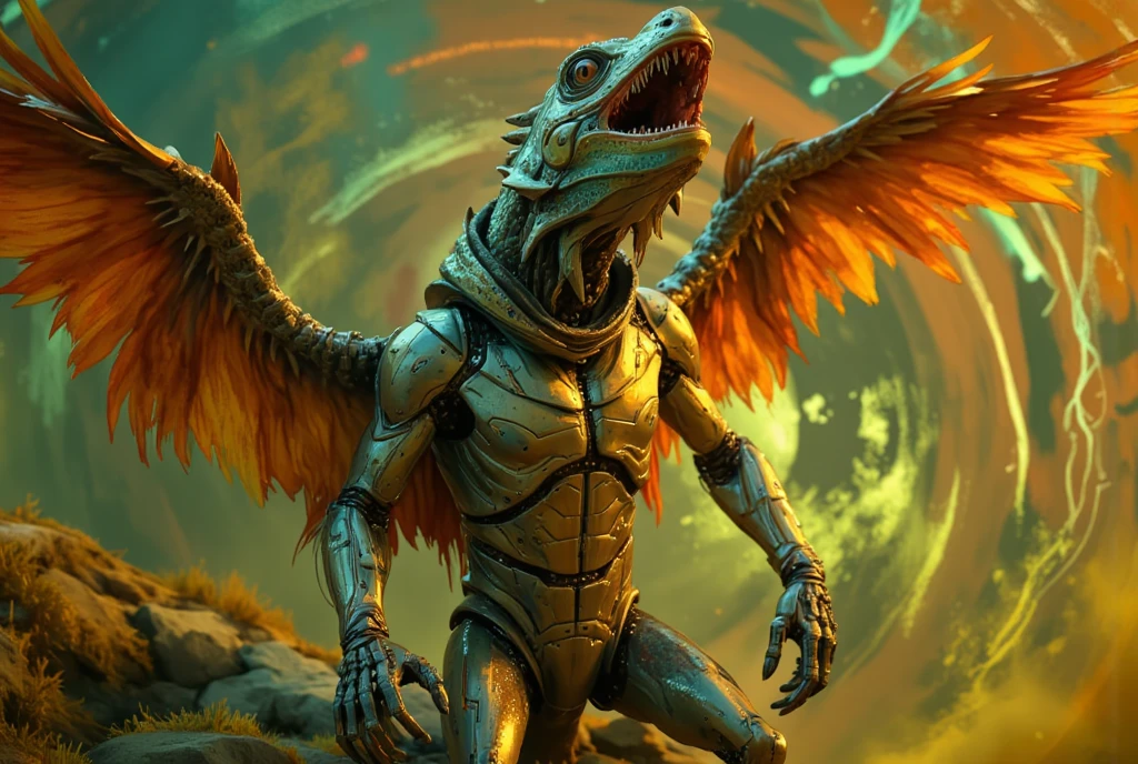 A futuristic steel armor robotic haunting winged charmelion howls within an ethereal dreamscape filled with pulsating neon lights and swirling energy patterns. Use a color scheme of shine orange yellow and electric green to bathe the scene in a hypnotic glow, enhancing the sense of surreal wonder. --ar 3:2