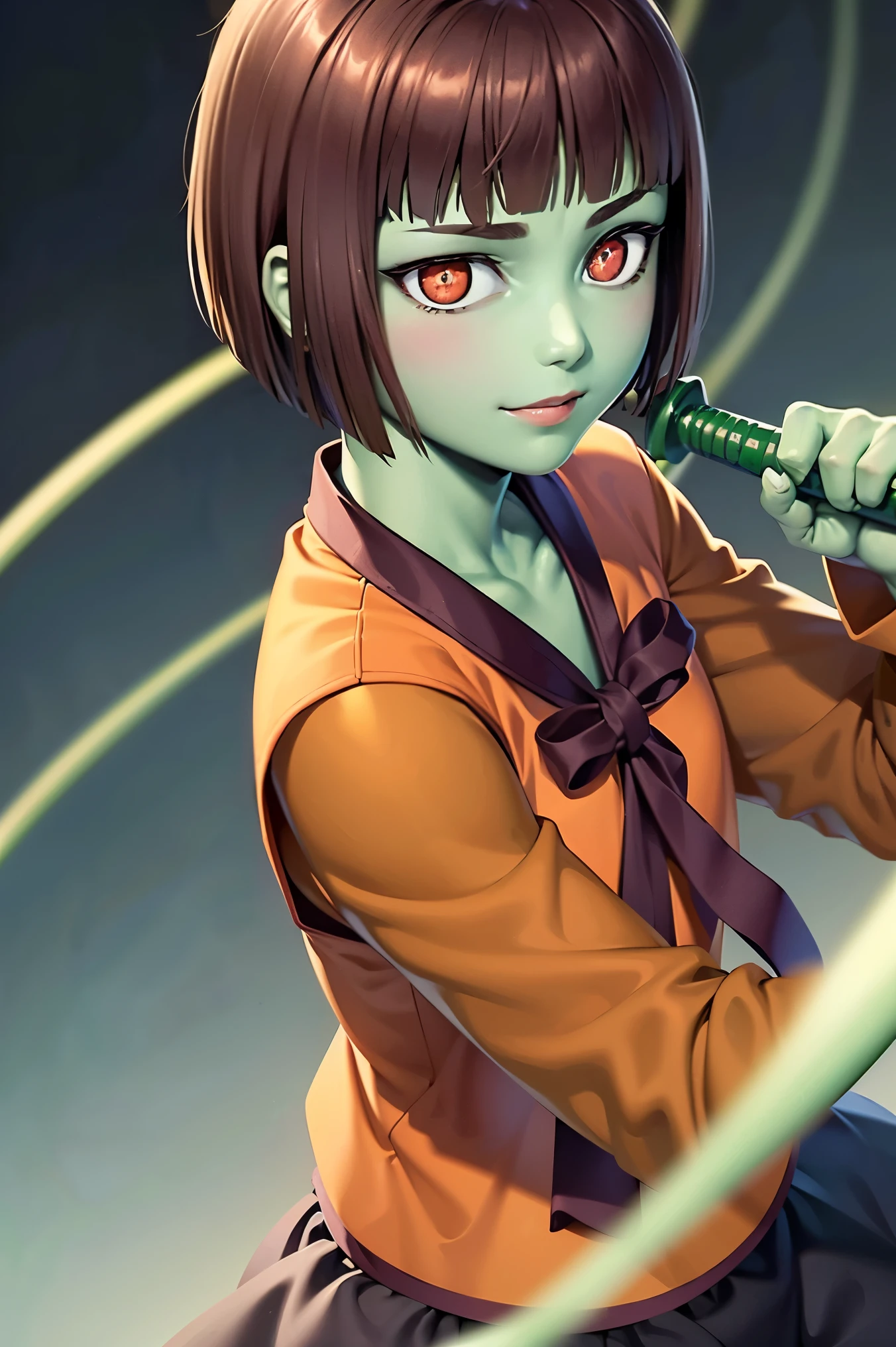 (4k,8k,best quality, masterpiece:1.2), ultra-detailed, realistic, realism, perfect face, perfect nose, detailed hair, detailed eyes, detailed lips, realistic colors, studio lightning, (((cowboy shot)), small mouth, looking at viewer, 1girl, ( red eyes,glowing eyes,brown hair,short hair, green skin, muscular :1.3),((adult)),(30yo),smirk,anak zahard, whip sword, whip, (fighting pose)