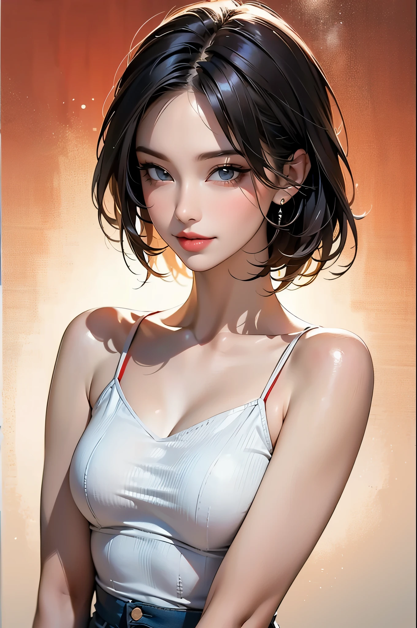 Top Quality, White Skin, Real Human Skin, (Detailed), Oval Face, Pore, Ultra High Resolution, (8k, RAW Photography, Photorealistic: 1.4), One Woman, Slim, (Gentle and Goddess-like Eyes) Happiness: 1.2), (Lip Gloss, Eyelashes, Distinct Double, Clear Eyes, Gloss Face, Best Quality, Ultra High Definition, Wide Lighting, Natural Shading) , Random Outfit, Oversized Jacket, Fashion Shirt, White Background, Light Background, Big Breasts, Gloss on Chest, Gloss on Face, Gloss on Skin, Glossy Skin, Refreshing Wind, Straight Hair, Short Bob Hair, Bangs, Long Neck, Choker