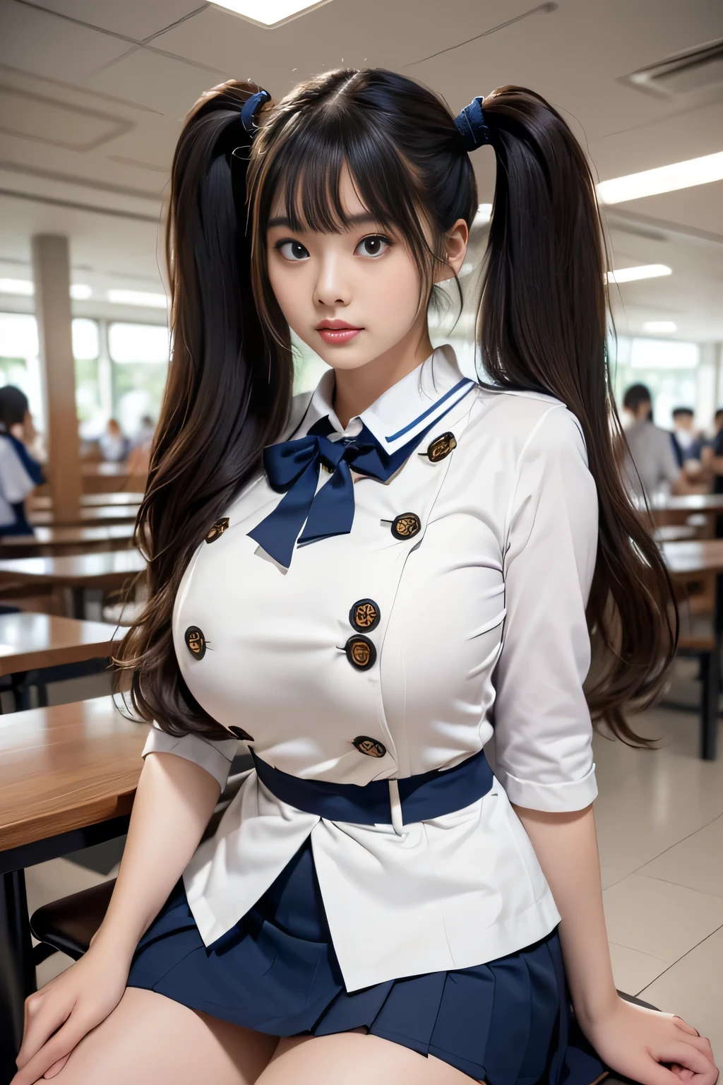 Japanese High School Student ( best quality )(Masterpiece)( high detail)( very detailed)( in ultra high quality)(Get used to it)(Taken with waist up )( Typical Japanese High School Student sailor suit , big breasted )( Dark Blue Pleated Skirt , White school uniform for summer )( audience )(It was taken at AEON Shopping Mall )( anatomically accurate face )(Perfect Japanese erotic high school student face )(A face that seduces men:1.3)(Heavy makeup)(( neatly tied twin tails ))( insanely extreme super long hair 、 long and straight twin tail hairstyle )( long and straight twin tails that extend below the waist :1.2)( The twin tails of the twin tails are tied straight No )( Long hair that stretches to the waist !!!!!!)( Beautiful straight hair !!!)( her bangs are neatly trimmed , Straight Bang )(blunt bangs !!!)( shiny hair)(deep dark hair )(Big Hair:1.3)( the knot on the twin tail has a cute ribbon )( She Has Asian Eyes )( she has sexy Asian eyes )( her mouth is big !!!)( Her facial contours are thinner and sharper than average!!!)( she sits down and sandwiches her male genitals between her big breasted )( big breasted :1.6)( anatomically correct nipples )( her nipples are dark brown )(her body is plump)()()
