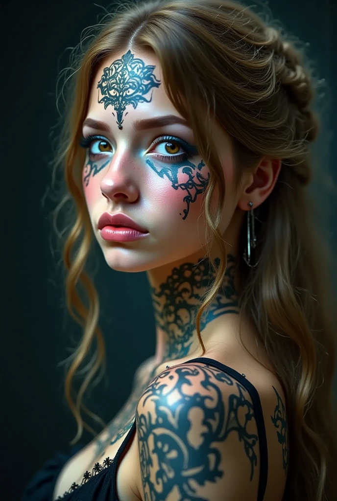 a heavily tattooed nude woman,beautiful detailed eyes,beautiful detailed lips,extremely detailed face,longeyelashes,beautiful intricate tattoos covering entire body,hyperrealistic,8k,high quality,masterpiece,digital art,photorealistic,dramatic lighting,moody atmosphere,dramatic shadows,cool color tones,cinematic lighting