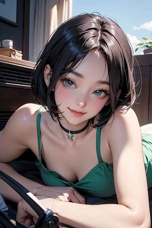 ( best quality )、( best quality )、cut、 chainsaw man 、 is cute 、( choker). emerald eyes、 her hair is purple、 Short Bob、(( Gentle Smile )).((Lying down)).