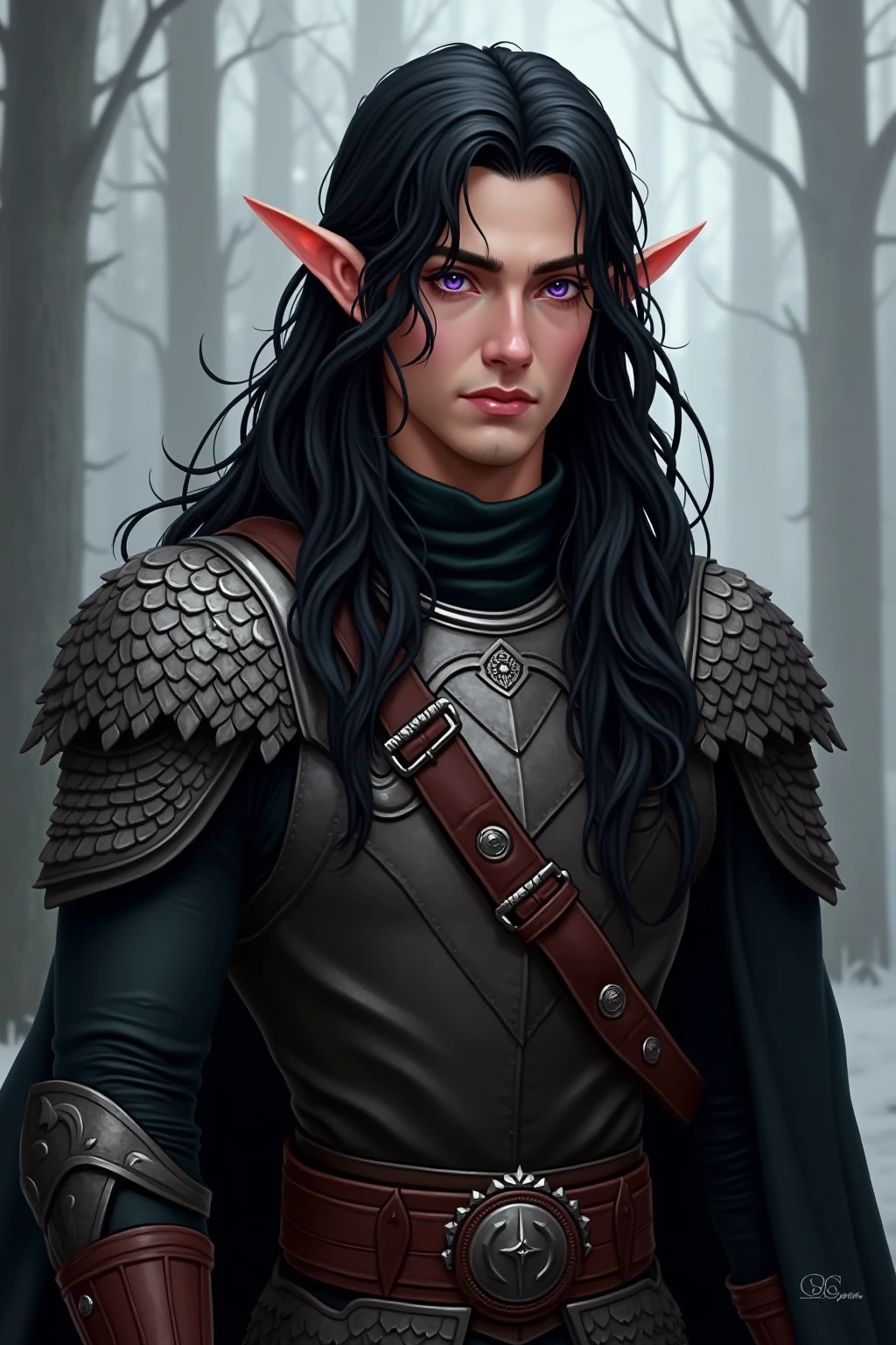 (masterpiece, best quality:1.2),   <lora:eredin:0.7>, eredinW3_soul3142, solo, long hair, grey eyes, looking at viewer, black hair, 1boy, monochrome, male focus, pointy ears, armor, realistic