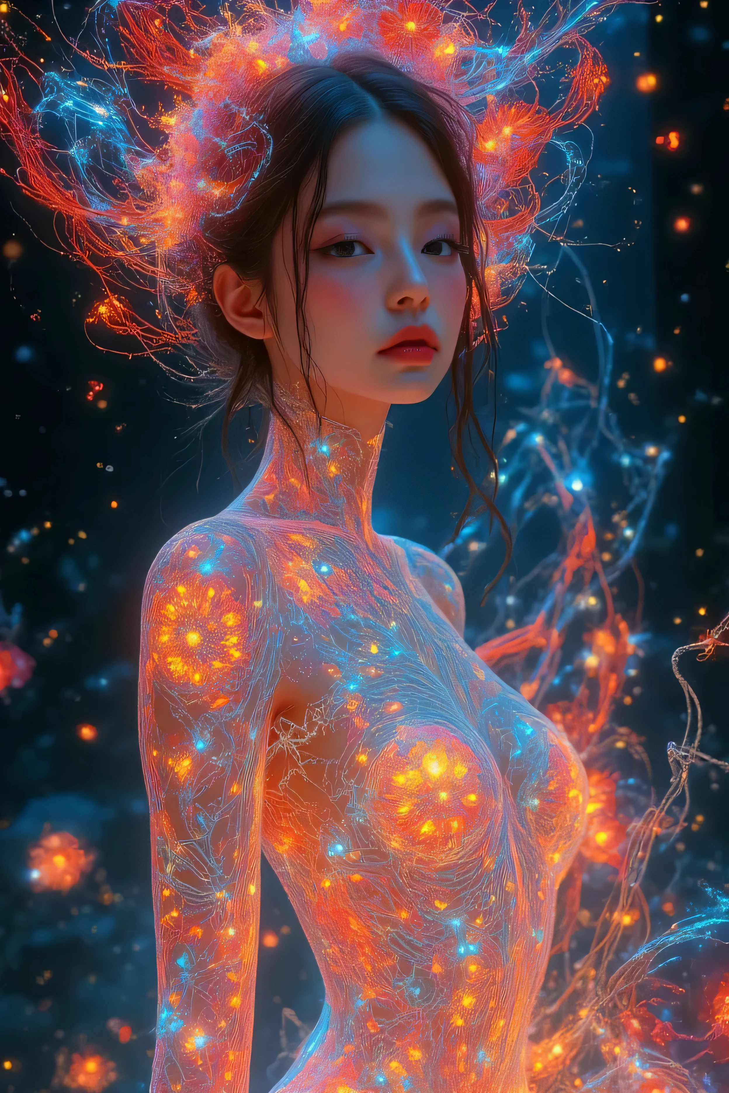 Colorful Abstract Art of Acrylic paint Forming a person, Lighting, Sub-Surface Scatterring, Glow, Award-winning Underwater acrylic paint Art by Alberto Seveso, japanese anime, realistic, surreal, ((japanese woman)), portrait, absurdres,highres,ultra detailed,ultra-detailed background,detailed background,extremly detailed,1girl,bunch of flowers,(zentangle:1.2),(geometric:1.2) multi-colored color palette, monochromatic, big , cleavage, sideboob, lingerie, realistic depiction, arms behind back, kaleidoscopic, multidimensional, ethereal glow, captivating uniqueness, surreal juxtapositions, visual symphony, unforgettable visual narrative, edgy, mathematical, simple-shaped vectors, highly modern, stylistic, polygonal abstraction, vector art, bold lines, minimalist color scheme, digital art, abstract geometry, jennie kim ,