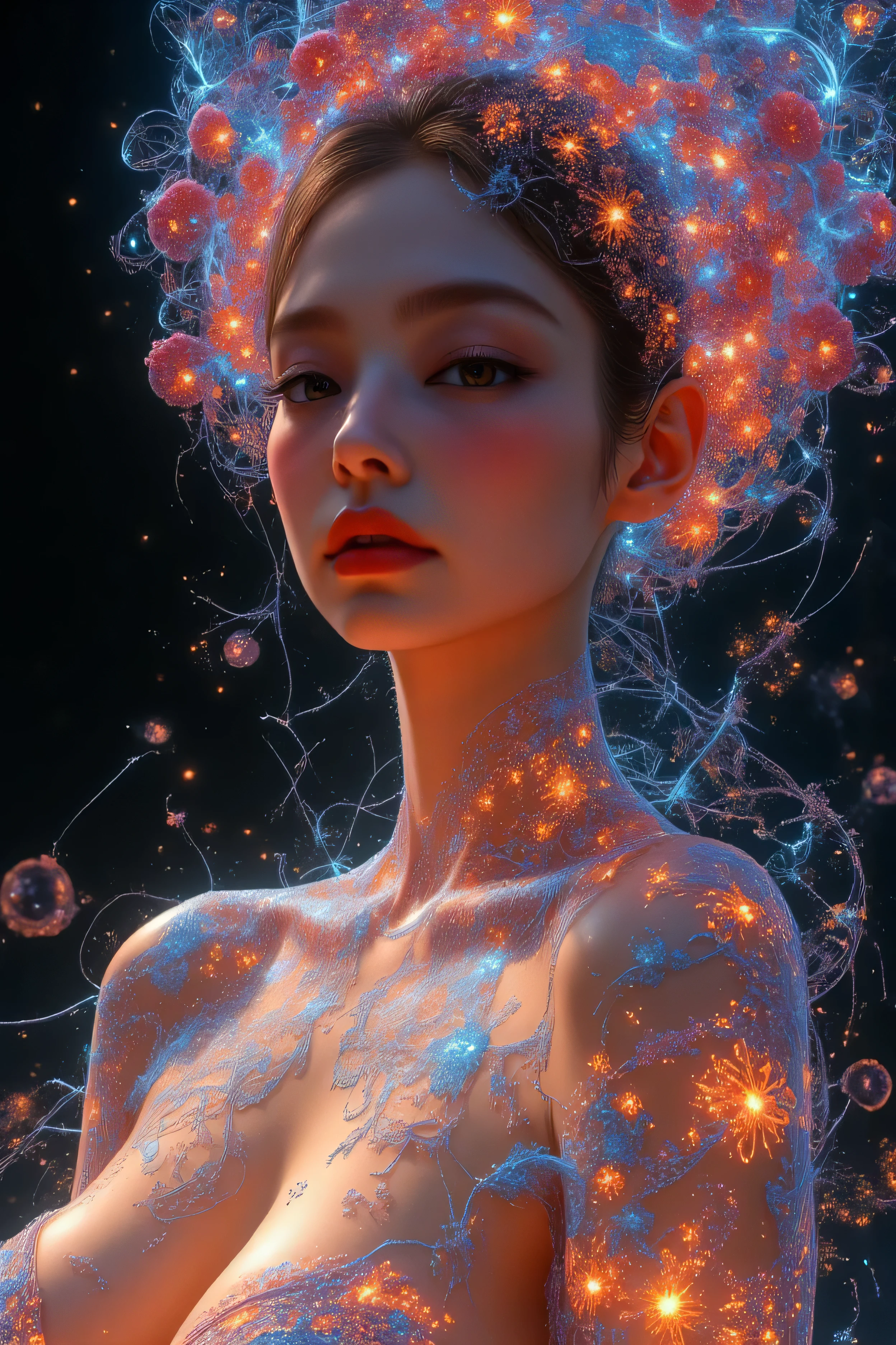 Colorful Abstract Art of Acrylic paint Forming a person, Lighting, Sub-Surface Scatterring, Glow, Award-winning Underwater acrylic paint Art by Alberto Seveso, japanese anime, realistic, surreal, ((japanese woman)), portrait, absurdres,highres,ultra detailed,ultra-detailed background,detailed background,extremly detailed,1girl,bunch of flowers,(zentangle:1.2),(geometric:1.2) multi-colored color palette, monochromatic, big , cleavage, sideboob, lingerie, realistic depiction, arms behind back, kaleidoscopic, multidimensional, ethereal glow, captivating uniqueness, surreal juxtapositions, visual symphony, unforgettable visual narrative, edgy, mathematical, simple-shaped vectors, highly modern, stylistic, polygonal abstraction, vector art, bold lines, minimalist color scheme, digital art, abstract geometry, jennie kim ,