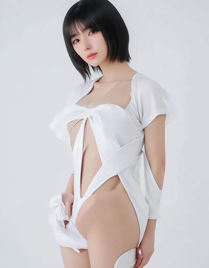 masterpiece, Highest quality, (Dark Photos:1.3), Realistic, wrestling, Flat bangs, A beautiful innocent symmetrical face, High leg white leotard, Emotional, Ulzzang, (Purelos Face_v1:0.7),During menstruation,Menstrual blood stains,Leotard tightly digging into genitals,menstruation ,incontinence,,erection,clitoris,bleeding pussy,