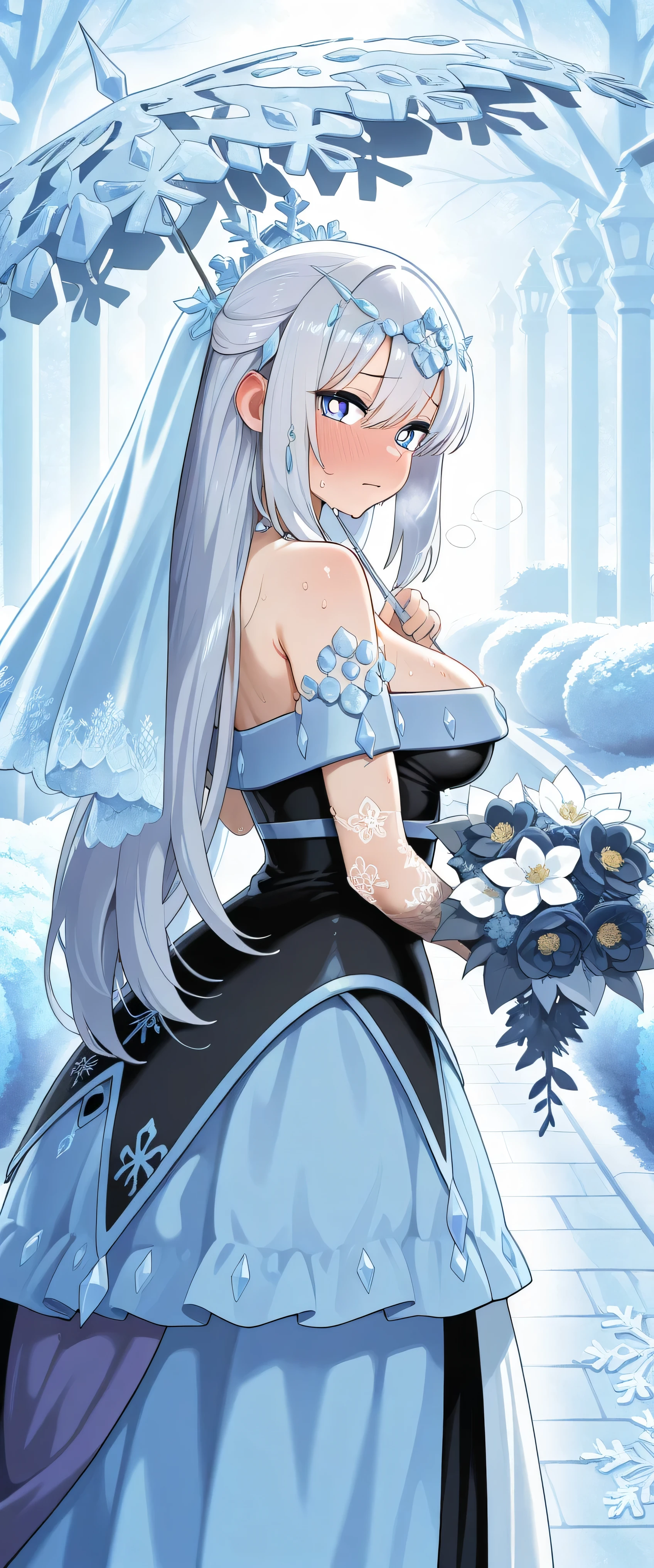 (masterpiece:1.2), (high_quality:1.2), (detailed:1.2), (large_breasts:1.2), bride, wedding dress, flower, looking at viewer, 1girl, solo, long_hair, lightskyblue_hair, violet_eyes, busty, church, garden, smile.