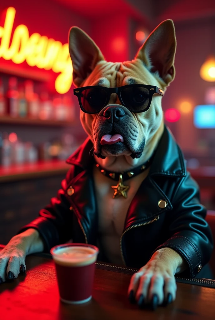 best quality,highres,ultra-detailed,realistic,anthropomorphic Bulldog dressed in a biker jacket, black Tshirt, jeans and boots, standing at a smoke-filled seedy bar, dimly lit by neon lights, with vintage motorcycles parked outside. The Bulldog has a tough, yet mischievous expression on its face with piercing blue eyes and a slight smirk. The bar is filled with shady characters, and the Bulldog confidently holds a pool cue in one paw while leaning against the bar counter. The Bulldog's fur is rendered with intricate details, showcasing the texture and patterns of its brindle coat. The atmosphere in the bar is gritty and grungy, with a smoky haze hanging in the air and worn-out leather bar seats. The bar counter is adorned with bottles of whiskey and a stack of playing cards. The Bulldog exudes an air of coolness and rebellion, embodying the spirit of a biker. The overall color tone of the scene is dark and moody, accentuated by flashes of vibrant neon lights.