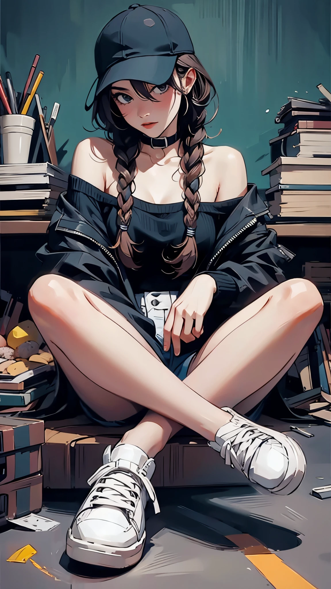 Anime girl sitting on the floor with a hat on - SeaArt AI
