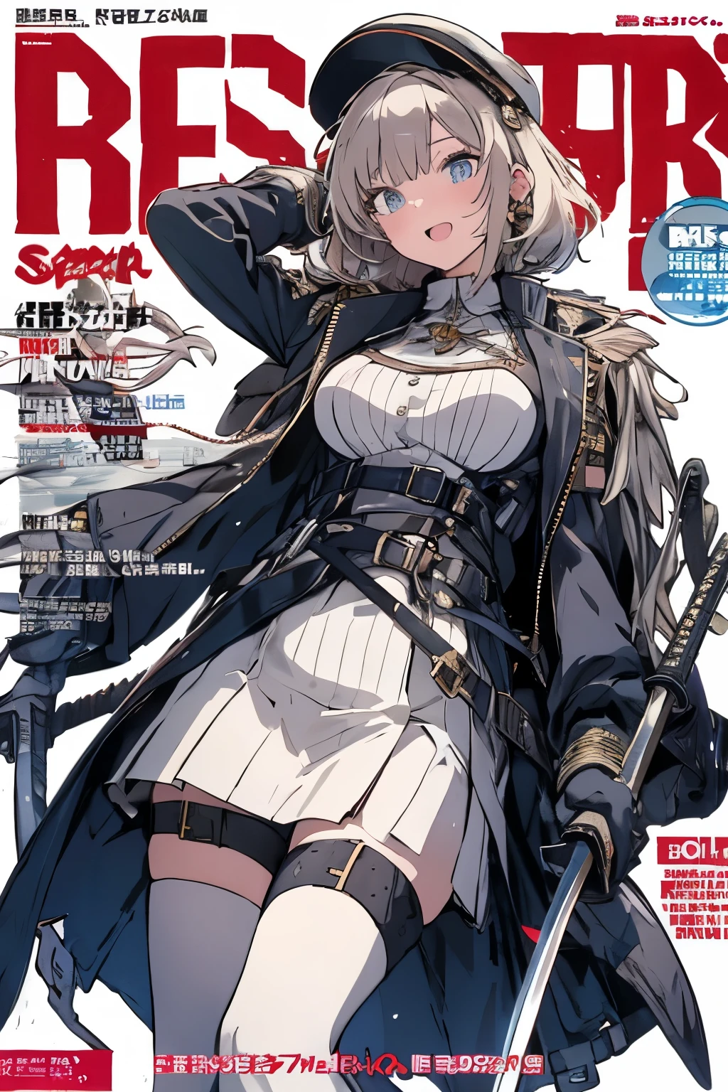 (from below:1.2, best quality ), girl , Platinum color hair 、 bartender uniform , The dreamer wants purplish blue eyes , is short , medium , Lori will do it, (masterpiece:1.2, best quality ), (Beautiful detailed depiction : 1.2), ( beautiful detailed face ), ( Tight Breasts :1.2), (Pointed Chest:1.1), (fix_hands),(fix_arms),(fix_feet), (fix_fingers),(fix_glasses), ((( HDR,UHD,8K, best quality,masterpiece ))), 1girl, High school girls, medium breasts, blue frame glasses,cheerful,walking, very aesthetic, absurdres,(beautiful eyes, detailed eyes:1.2),looking_away,hand_on_hip,best_quality, masterpiece,((detailed_eyes)),((correct_anatomy)),(Military_dress,ta_fashion),Military_hat,jacket,belt,gloves,Military_boots,(Military_coat),black_thighhighs,frilled_skirt,(frills,laces), (sword_sheathed_on_waist),perfect natural light, ,open mouth, (katana game magazine cover:1.3),(with sparkling eyes and a contagious smile),her thin pubic hair:1.2, looking at viewer