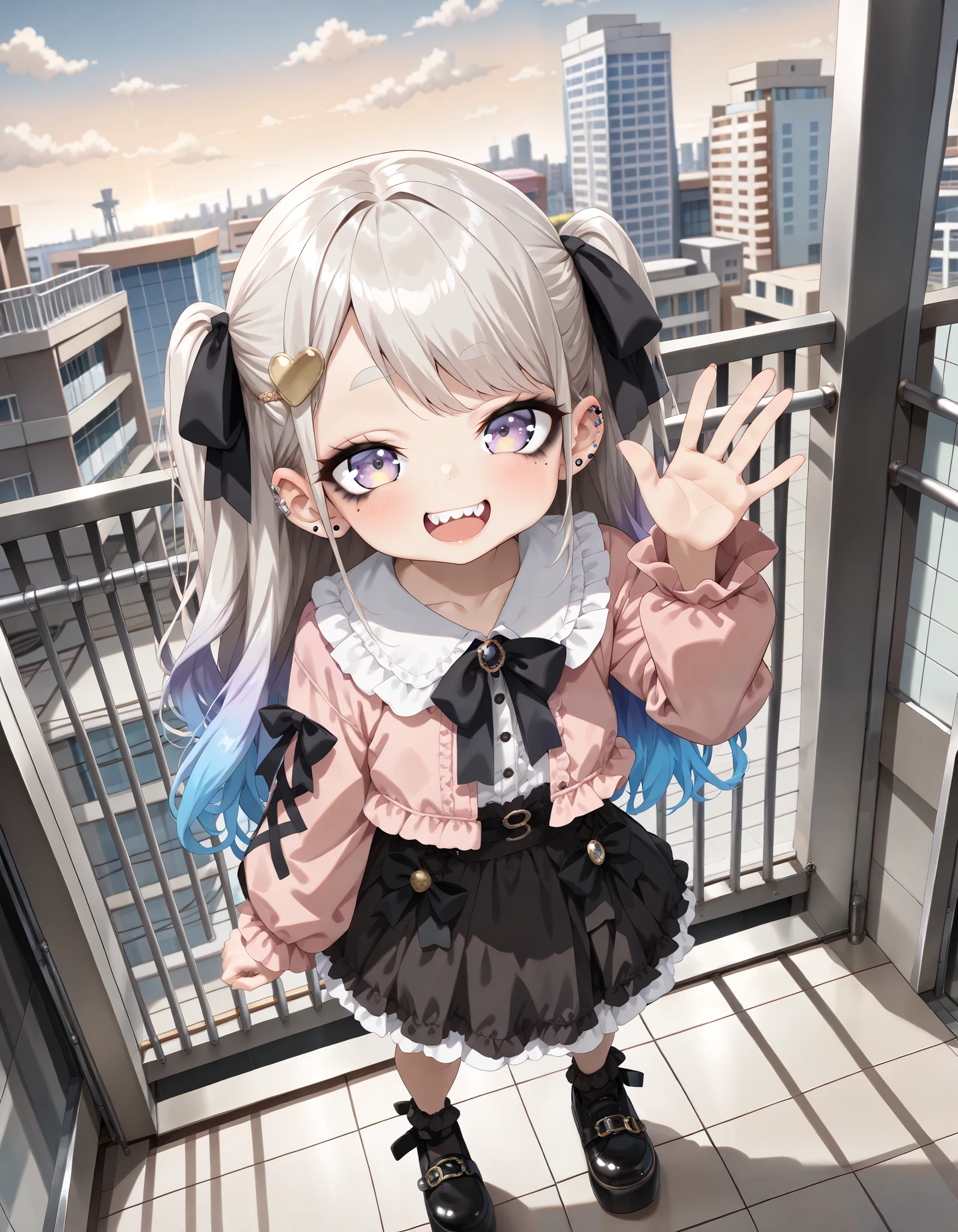 ((Masterpiece)), ((best quality)), (8K), (wide shot, from above), cinematic lighting, (detailed background:1.2), (super detail:1.2),(High Definition:1.3), (Professional Photography:1.2), (very aesthetic:1.2), (absurdres:1.2), (sharp focus), ((1girl)), (Textured skin), cute young Girl, ((platinum-gold hair)), Glossy unruly hair, (loose swept bangs), gradient hair, blue color Hair Tip, Beautiful long hair, ((Thin and short eyebrows)), (naughty smile, :d), jagged teeth, (fancy cropped jacket, pastel pink jacket), wearing medium pants, beautiful collarbones, BREAK, Big eyes, (detailed eyes, pale purple eyes, gradient eyes), (cute cheeks), glossy lips, pouty lips, (lower eyelashes), gothic makeup, (Healthy Gaunt body), waving hand, (loose standing on the High-rise apartment rooftop, legs apart), Midsummer, outdoor the High-rise apartment rooftop, decorated, cute piercings, under eye bags, Jirai kei, lots of accessories, (gothic ta),