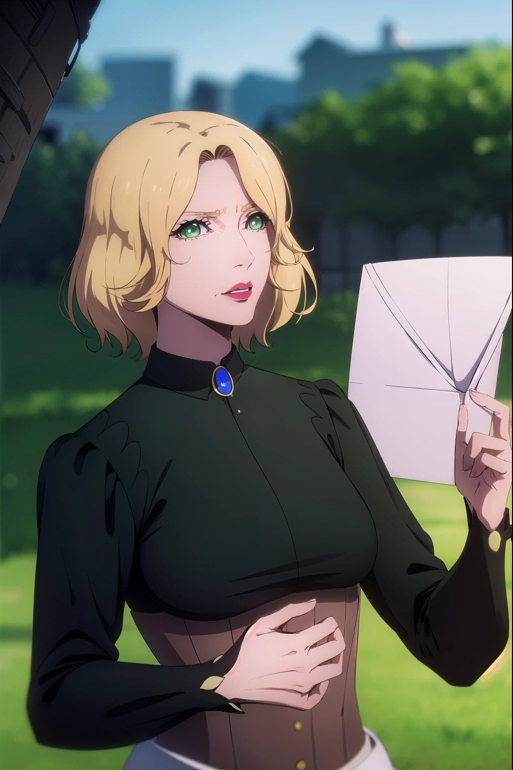 castlevaniatera , castlevaniatera , ( green eyes:1.5), blond hair , short hair , split bangs, lipstick, red lipstick,
BREAK shirt, long sleeves, brooch, clothing around the waist, black shirt, collar, corset,
CUT looking at the viewer , upper body, full body,
OUTDOOR BREAK , Evening, sky,
BREAK ( masterpiece:1.2), envelopes, High resolution, 8K Wallpaper Unit, ( illustration :0.8), ( beautiful, detailed eyes :1.6), extremely detailed face, perfect lighting , extremely detailed CG, ( perfect hands, perfect anatomy),