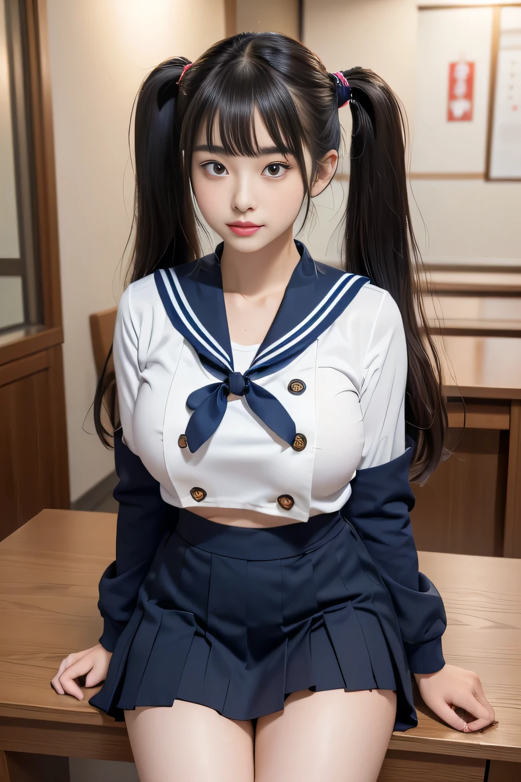 Japanese High School Student ( best quality )(Masterpiece)( high detail)( very detailed)( in ultra high quality)(Get used to it)(Taken with waist up )((wear Japanese School Uniform, Japanese girls uniform, Japanese , Wear a uniform , wear , Seifuku, girls in uniform, loose coat collar sailor suit, high school 3rd girl , sailor suit, Sexy and cute face , beautiful anime high school 3rd yearl ! her sailor suit jacket is white short sleeved !!! The skirt is a dark blue mini pleated skirt !The chest ribbon is navy blue ))(audience)( was taken at the shopping mall )( anatomically accurate face )(Perfect Japanese erotic high school student face )(A face that seduces men:1.3)(Heavy makeup)(( neatly tied twin tails ))( insanely extreme super long hair !!!!! long and straight twin tail hairstyle )( long and straight twin tails that extend below the waist :1.2)( The twin tails of the twin tails are tied straight No)(Long hair that stretches to the waist!!!!!!)(Beautiful straight hair!!!)( her bangs are neatly trimmed ,Straight Bang)(blunt bangs !!!)( shiny hair)(Deep dark haired )(Big Hair:1.3)( the knot on the twin tail has a cute ribbon )( She Has Asian Eyes )( she has sexy Asian eyes )( her mouth is big !!!)( Her facial contours are thinner and sharper than average!!!)( she sits down and sandwiches her male genitals between her big breasted )( big breasted :1.6)( anatomically correct nipples )( her nipples are dark brown )(her body is plump)()()