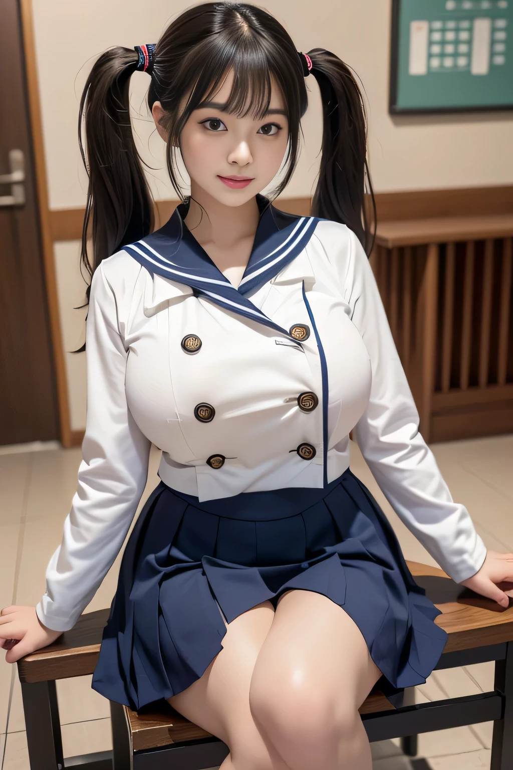 Japanese High School Student ( best quality )(Masterpiece)( high detail)( very detailed)( in ultra high quality)(Get used to it)(Taken with waist up )((wear Japanese School Uniform, Japanese girls uniform, Japanese , Wear a uniform , wear , Seifuku, girls in uniform, loose coat collar sailor suit, high school 3rd year girl , sailor suit, Sexy and cute face , beautiful anime high school 3rd year girl ! her sailor suit jacket is white short sleeved !!! The skirt is a dark blue mini pleated skirt !The chest ribbon is navy blue ))(audience)( was taken at the shopping mall )( anatomically accurate face )(Perfect Japanese erotic high school student face )(A face that seduces men:1.3)(Heavy makeup)(( neatly tied twin tails ))( insanely extreme super long hair !!!!! long and straight twin tail hairstyle )( long and straight twin tails that extend below the waist :1.2)( The twin tails of the twin tails are tied straight No)(Long hair that stretches to the waist!!!!!!)(Beautiful straight hair!!!)( her bangs are neatly trimmed ,Straight Bang)(blunt bangs !!!)( shiny hair)(Deep dark haired )(Big Hair:1.3)( the knot on the twin tail has a cute ribbon )( She Has Asian Eyes )( she has sexy Asian eyes )( her mouth is big !!!)( Her facial contours are thinner and sharper than average!!!)( she sits down and sandwiches her male genitals between her big breasted )( big breasted :1.6)( anatomically correct nipples )( her nipples are dark brown )(her body is plump)()()