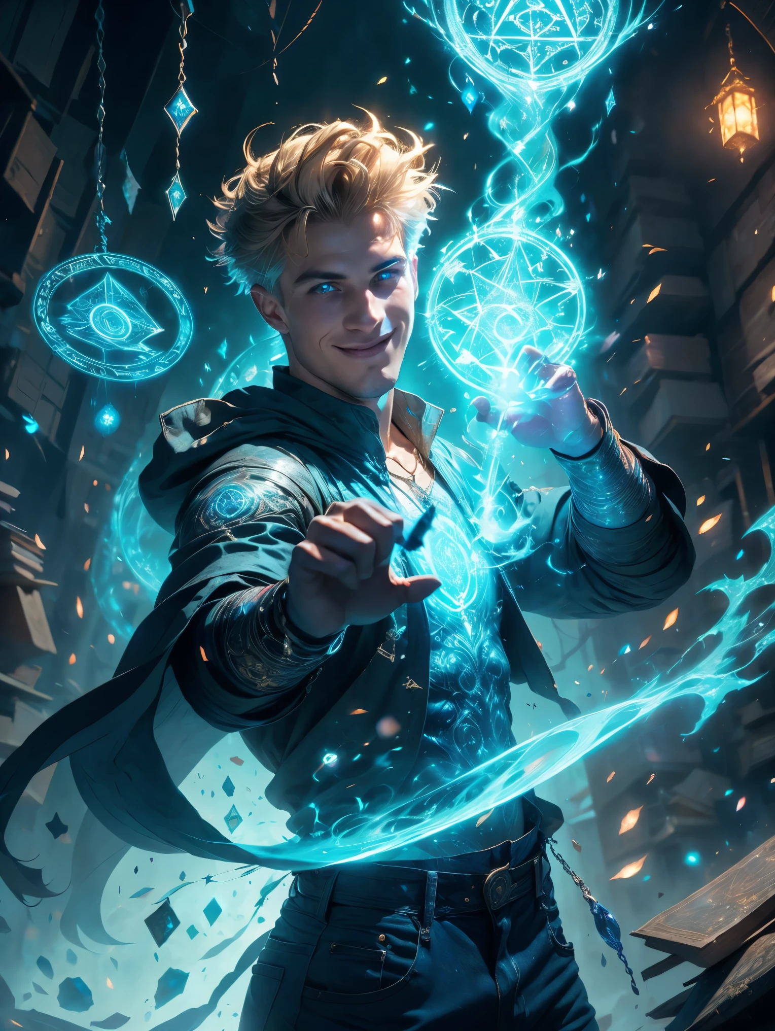 male warrior mage, muscular, short blond hair, body covered in intricate blue tattoos, shirtless, wearing worn blue jeans, wearing silver pendant with blue stone, fighting stance, smirk, holding glowing staff, surrounded by blue aura, in spacious abandoned warehouse, Magic Circle, V0id3nergy