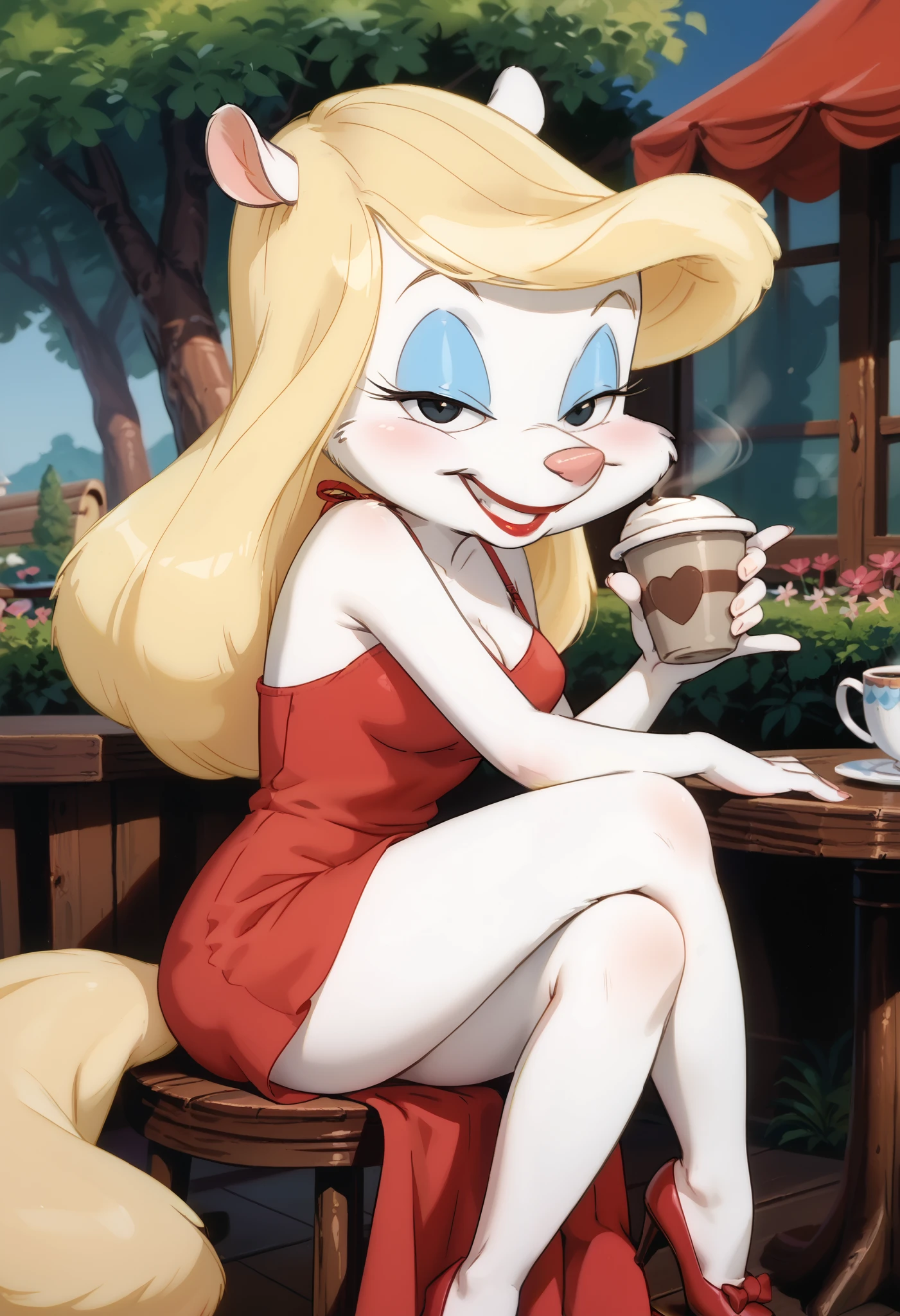 masterpiece,best quality, highly detailed, score_9, score_8_up, score_7_up, score_6_up,BREAK minerva mink, 1girl, white fur, blonde hair, viewed from side, fluffy blonde tail, solo, black eyes, looking at viewer, long hair, (red dress), legs crossed, panties showing, side slit, thigh, half closed eyes, makeup, lipstick, medium breasts, outdoors, cafe terrace, grin, happy, sitting, holding a cup of coffee, tiny toons adventure artstyle