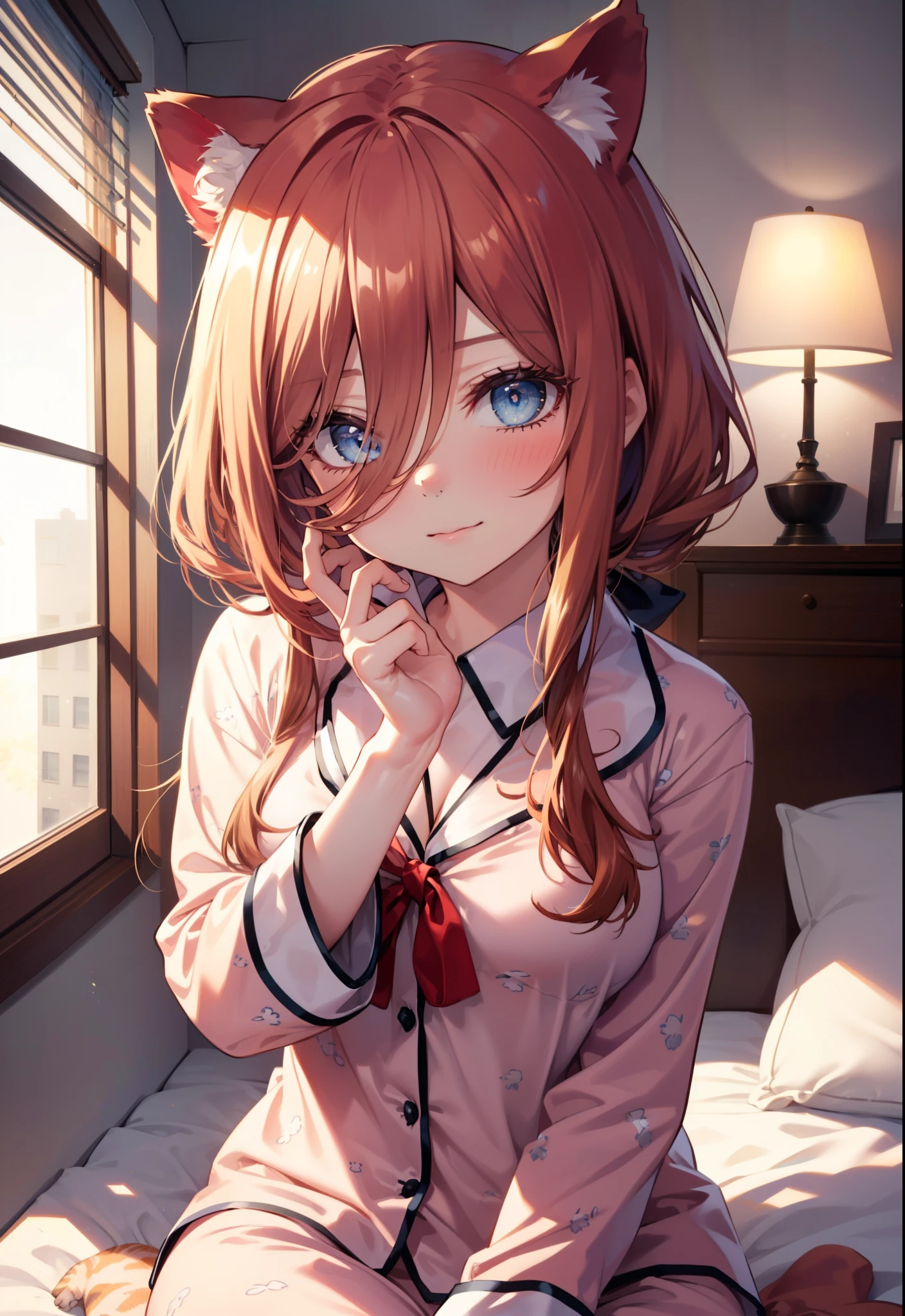 Miku Nakano, Nakano Future, long hair, bangs, blue eyes, tea hair, hair between eyes , smile,blush, mouths,(Animal Food, cat ears), fake animal year on irrum,Girl in cat costume, ((cat costume style pajamas)), bedroom, plush, Brown pajamas, bed sheet , Blanket ,pillow, sitting on a bed , interior , beautiful scenery,morning,whole bodyがイラストに入るように,
break indoors, bedroom,
break looking at viewer, whole body,
break (masterpiece:1.2), best quality, high resolution, unity 8k wallpaper, (figure:0.8), ( Beautiful, detailed eyes :1.6), Highly detailed faces , PERFECT LIGHTING , Highly detailed CG, (perfect hand, perfect anatomy),