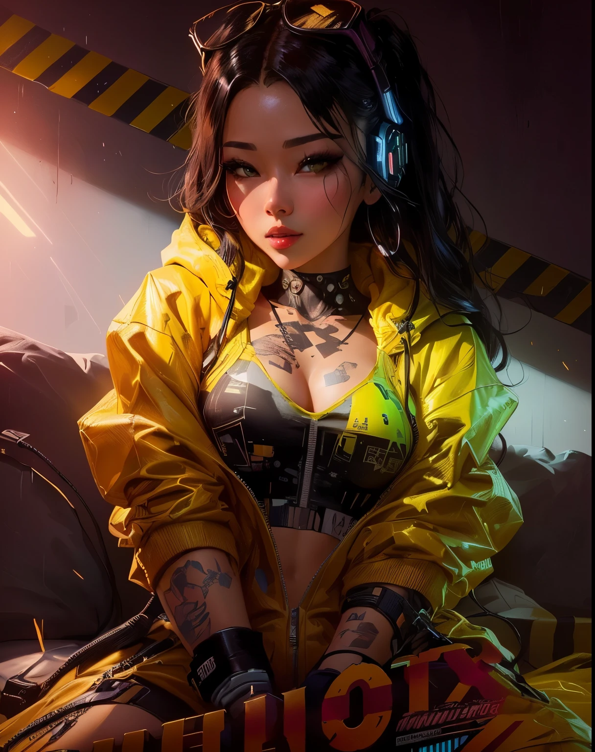 there is a woman with a yellow raincoat sitting on a bed, artwork in the style of guweiz, rossdraws cartoon vibrant, cyberpunk art style, cyberpunk 2077 rossdraws, cyberpunk vibe, cyberpunk vibes, rossdraws 1. 0, rossdraws 2. 0, cyberpunk themed art, in cyberpunk style, cyberpunk digital painting, rossdraws 2. 5