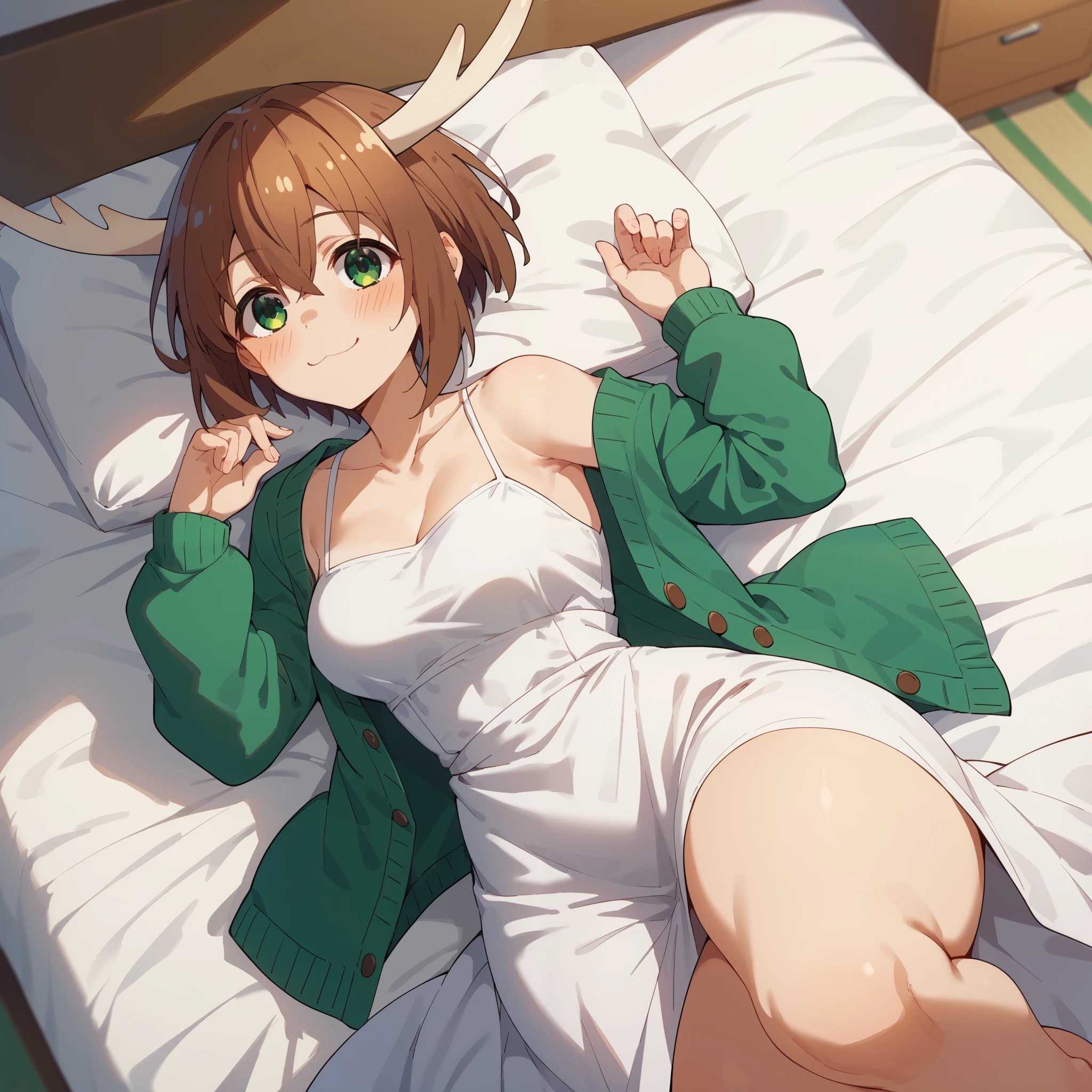 1girl, solo, noko shikanoko, short hair, bangs, brown hair, hair between eyes, green eyes, horns, medium breasts, wide hips, thick thighs, white dress, long skirt, green cardigan, blushed, smile, squinting eyes, lying down, looking at viewer, bed background, from above view