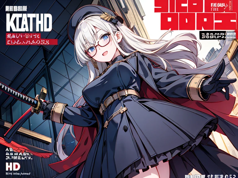((Perfect human body)),One girl, Red eyes, Wavy silver hair, Pointed Ears, vampire, Drooping eyes,Police uniform,Angry expression,Police hat,skirt,Mobile Task Force Equipment,Big Breasts,Hair Flowers, snow, ice, whole body,Character portrait