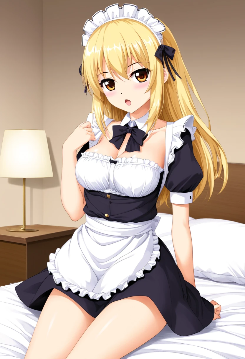 Beautiful long blonde Embarrassing Girl in black maid outfit Long sleeve Cowgirl handholding 1boy 1girl penis On the bed