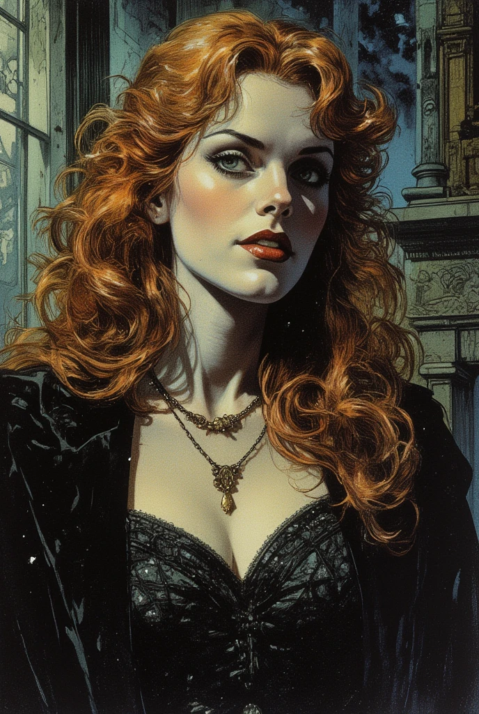 allessbiff2023, 1woman, oil painting \(medium\), illustration, 1960s \(style\), stylized, pulp, 5 fingers, Dracula