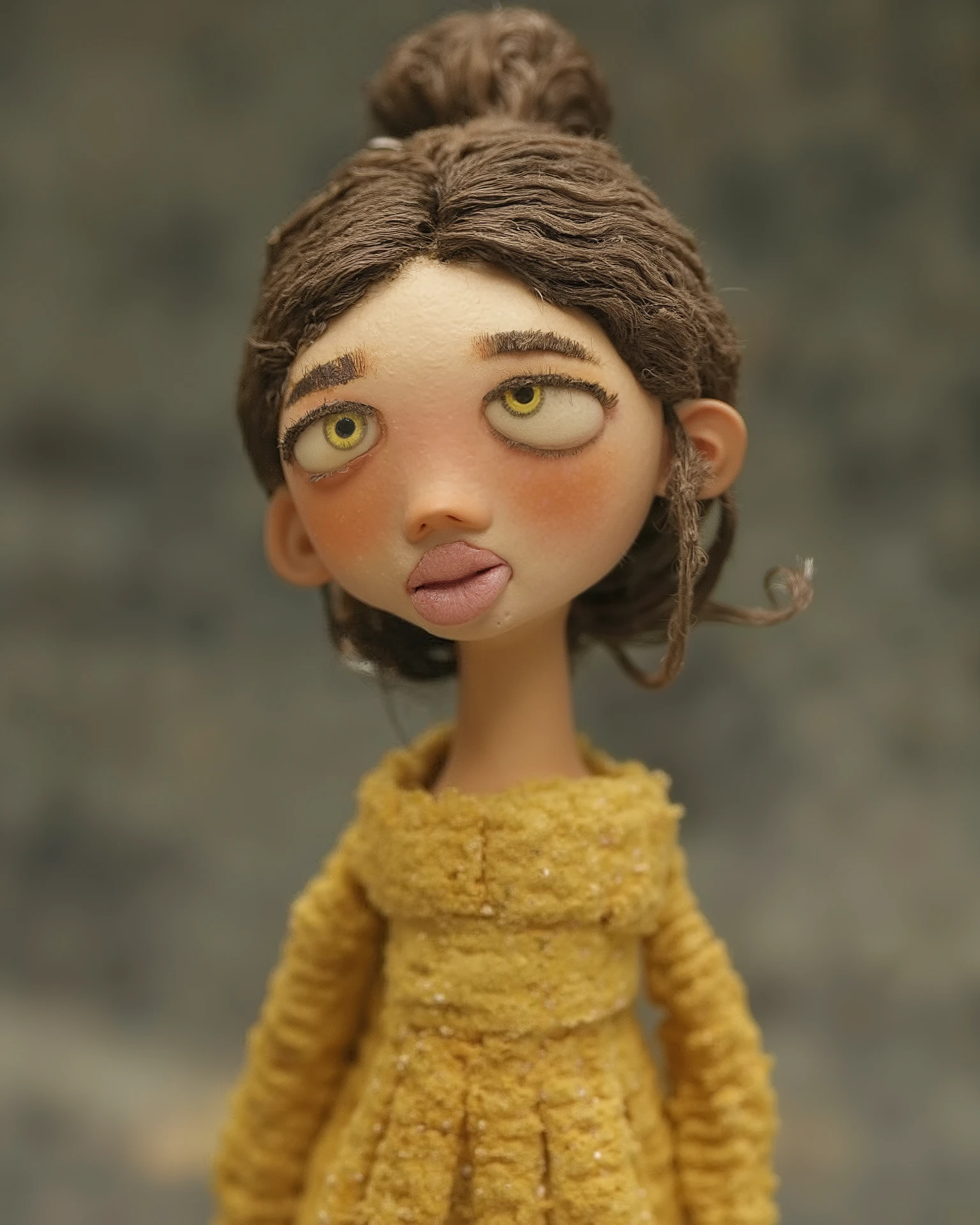 "An adult female doll figure with a handmade appearance, pale skin with a plaster or clay, paper texture, large round yellow eyes with dark pupils, thin dark eyebrows, small pink lips, wavy messy brown hair tied in a loose bun with some loose strands, dressed in a yellow dress with textured details simulating fabric, in a style reminiscent of stop motion dolls, on a blurred and neutral background, close-up photography with centered framing, without depth of field, with soft lighting that highlights the texture of the doll and its clothes." stop motion style