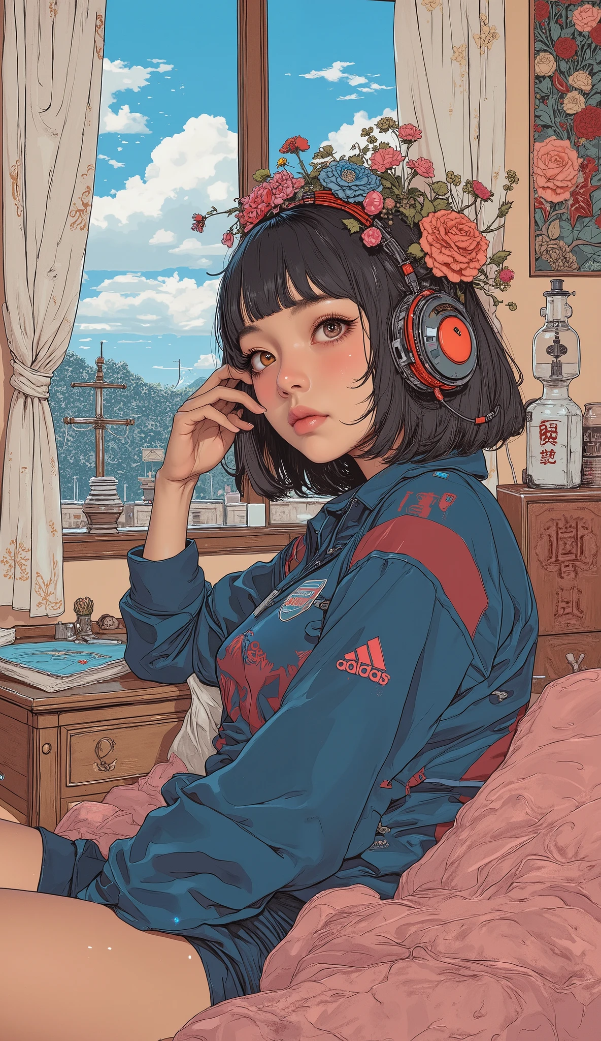 Japanese high school girl relaxing in her room , Traditional painting , by Shinoda Toko , by Ayako Rokkaku , mural, Full page illustration , Japanese painting, Comic stills , artwork , dark blue and burgundy album jacket , lace curtains, short bob hair、 bangs with lots of flowers 、 Adidas Jersey , headphones, anatomically correct