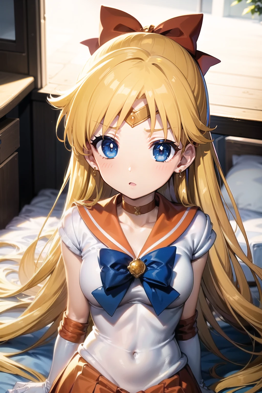 best quality:1.2, ultra-detailed:1.4, 8K:1.2, shoot from upper, (Aino Minako:1.3), looking up, solo, 1girl, (upper body sailor short-sleeve white shirts:1.3), skirts in orange, blonde long hair, Red ribbon with hair:1.4, sleepy face:1.1