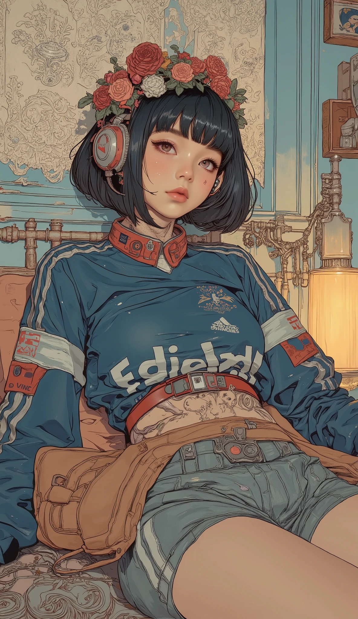 Japanese high school girl relaxing in her room , Traditional painting , by Shinoda Toko  ,  by Ayako Rokkaku  , mural, Full page illustration  , Japanese painting, Comic stills ,  artwork , dark blue and burgundy album jacket , lace curtains、A lot of figures are lined up,  short bob hair、 bangs with lots of flowers 、 Adidas Jersey  ,  headphones, anatomically correct