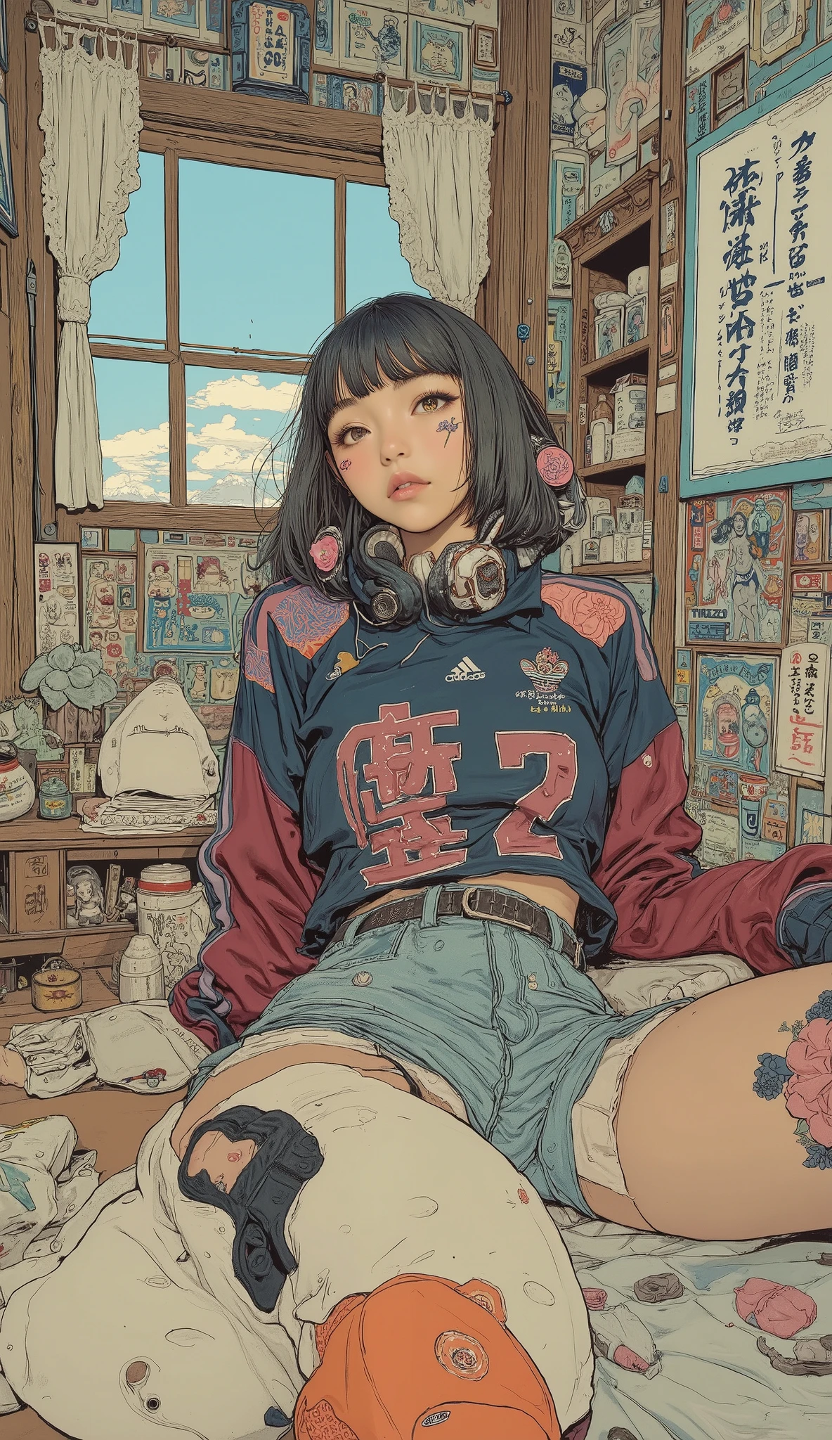 Japanese high school girl relaxing in her room , Traditional painting , by Shinoda Toko , by Ayako Rokkaku , mural, Full page illustration , Japanese painting, Comic stills , artwork , dark blue and burgundy album jacket , lace curtains、A lot of figures are lined up, short bob hair、 bangs with lots of flowers 、 Adidas Jersey , headphones, anatomically correct