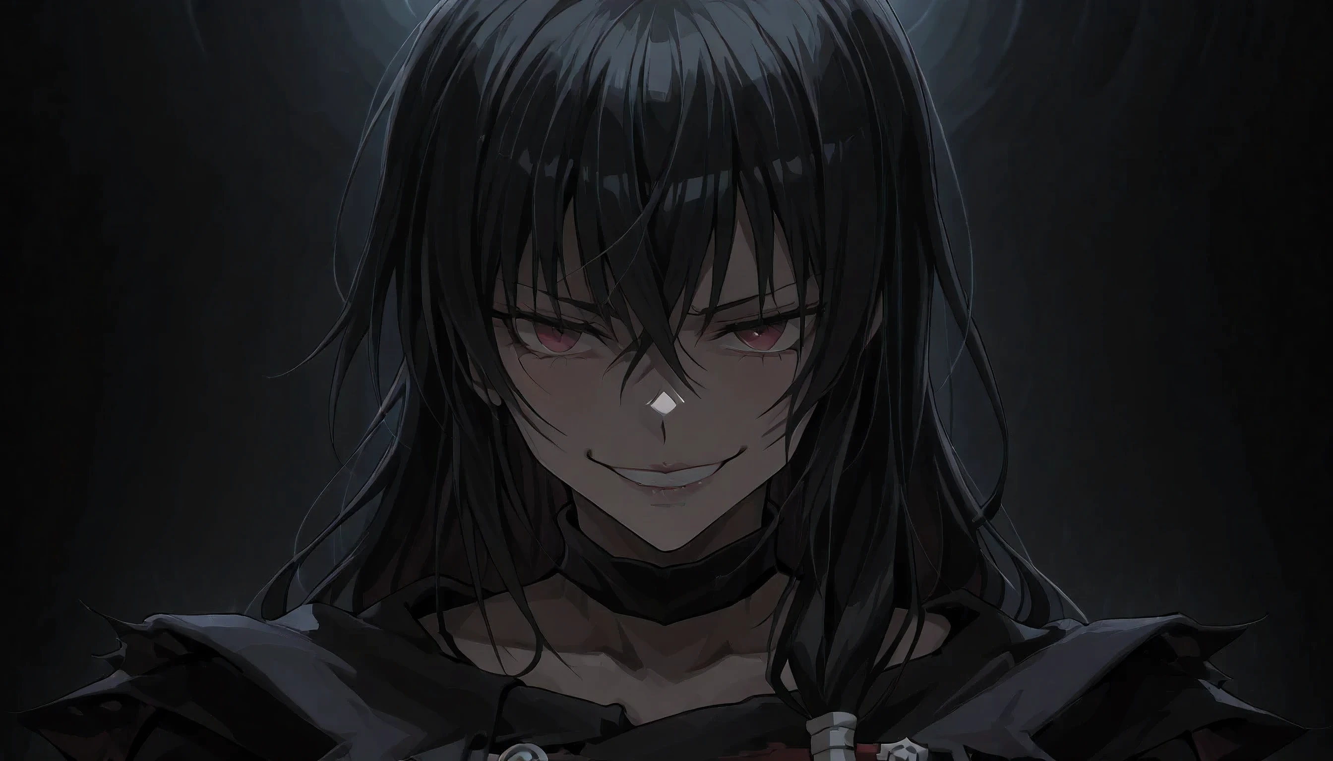 BEST QUALITY, 4K, ((((velvet crowe))), (((close on face))), (((jujutsu kaisen uniform))), dark ambience,((black hair)) red eyes, evil smile, ((evil smile showing her teeths)))