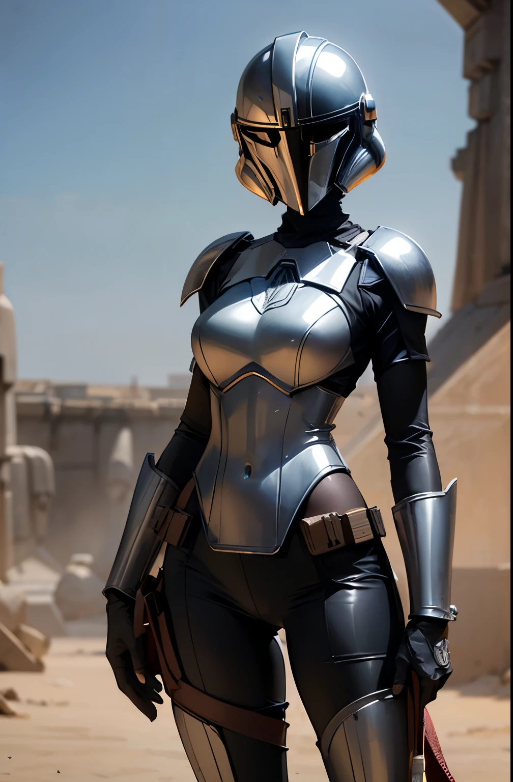 has a Star Wars worldview ,Sexy female warrior, don't wear a helmet, slender beauty ,,, ,silver mandalorian armor ,Slimming, slender, gentle eyes, open legs wide,Hold a helmet in your hand