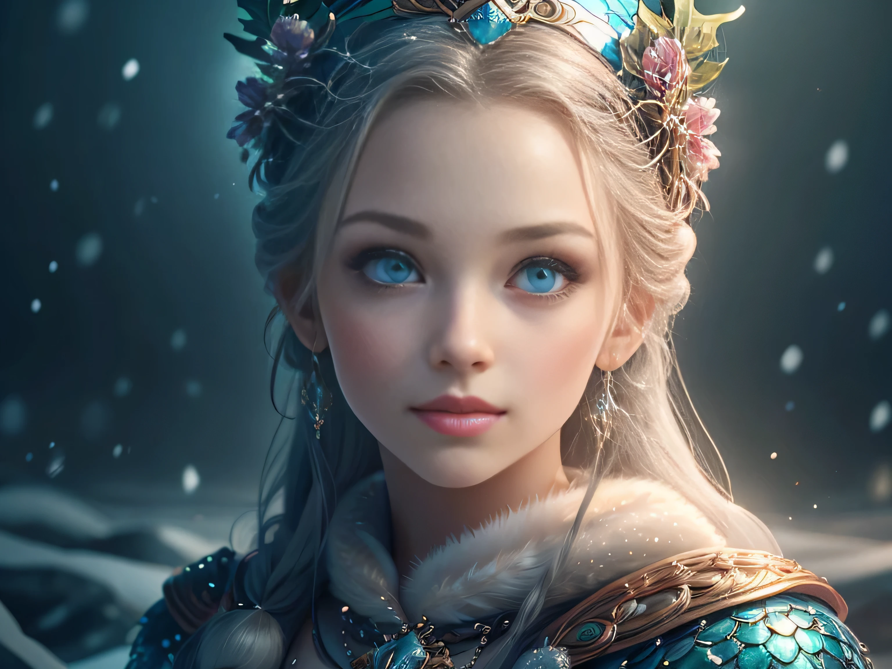 (Best Quality, Super Detail, Masterpiece, Representative Work, Official Art, Professional, Super Detail, 8k:1.3) (Photorealistic:1.2), Veru cute, incredibly cute snake queen made of pale white-gray-black shiny mica with round eyes, long eyelashes and a crown, on her head a crown of blue and white crystals, silver glitter, a snow garland of snowflakes, near a smart Christmas tree, winter, snow, snowflakes, smoky, airy, velvety pastel, highly detailed computer graphics, Tim Burton style. rhinestones, diamonds, rubies, sapphires, alexandrites, sparkling snow, snowfall, stars, frost, stardust, Natural Lighting, Soft Background, Photorealistic, Shining Eyes, Sharp Focus, Cute and Mischievous Look, Hint of Mischief, Dreamy Atmosphere, Delicate Details, Soft Volumetric Light, (Backlight:1.3), (Cinematic:1.2), Intricate Details, (ArtStation:1.3)