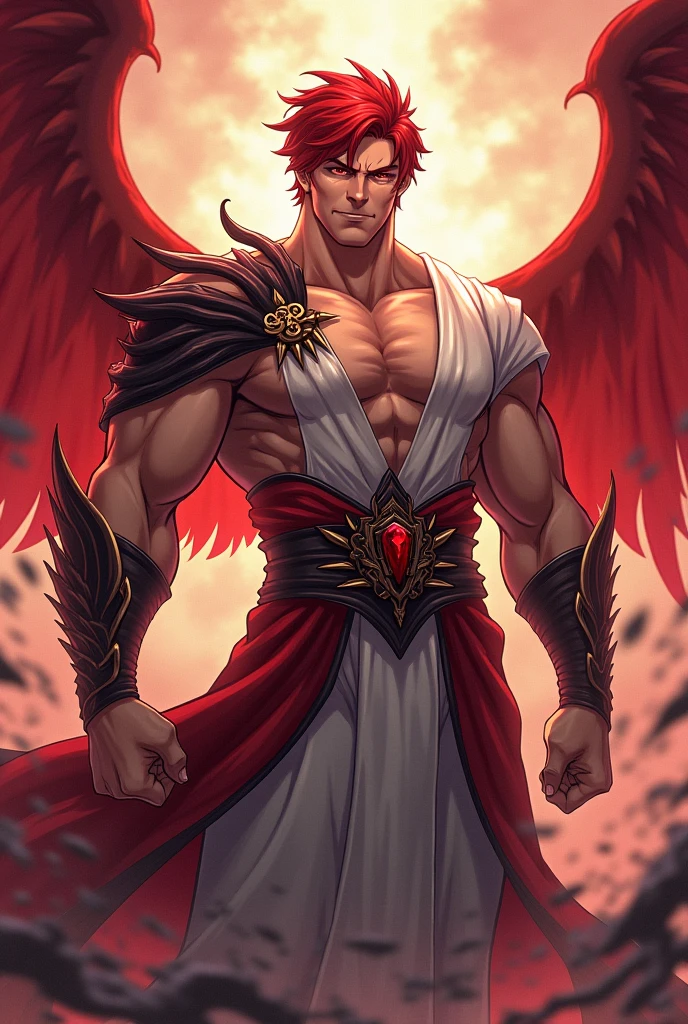 8k、Highest quality、Japanese taste、Horror、Standing on a mountain towering into the sky、Tengu-like demon、Red body human、Muscular body、Scary expression、Black Feather、Japanese Yokai