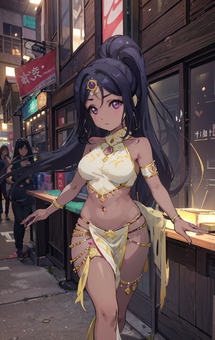 (mature woman),(((mature woman,adult woman))),highest quality, Super fine, maximum resolution, very detailed,((((dark skin,))), very sexy,High leg,T-back,belly dance dress, beautiful blue eyes,desert at night,cleavage,dancing,thigh high socks,huge breasts.navel,at Arabian town