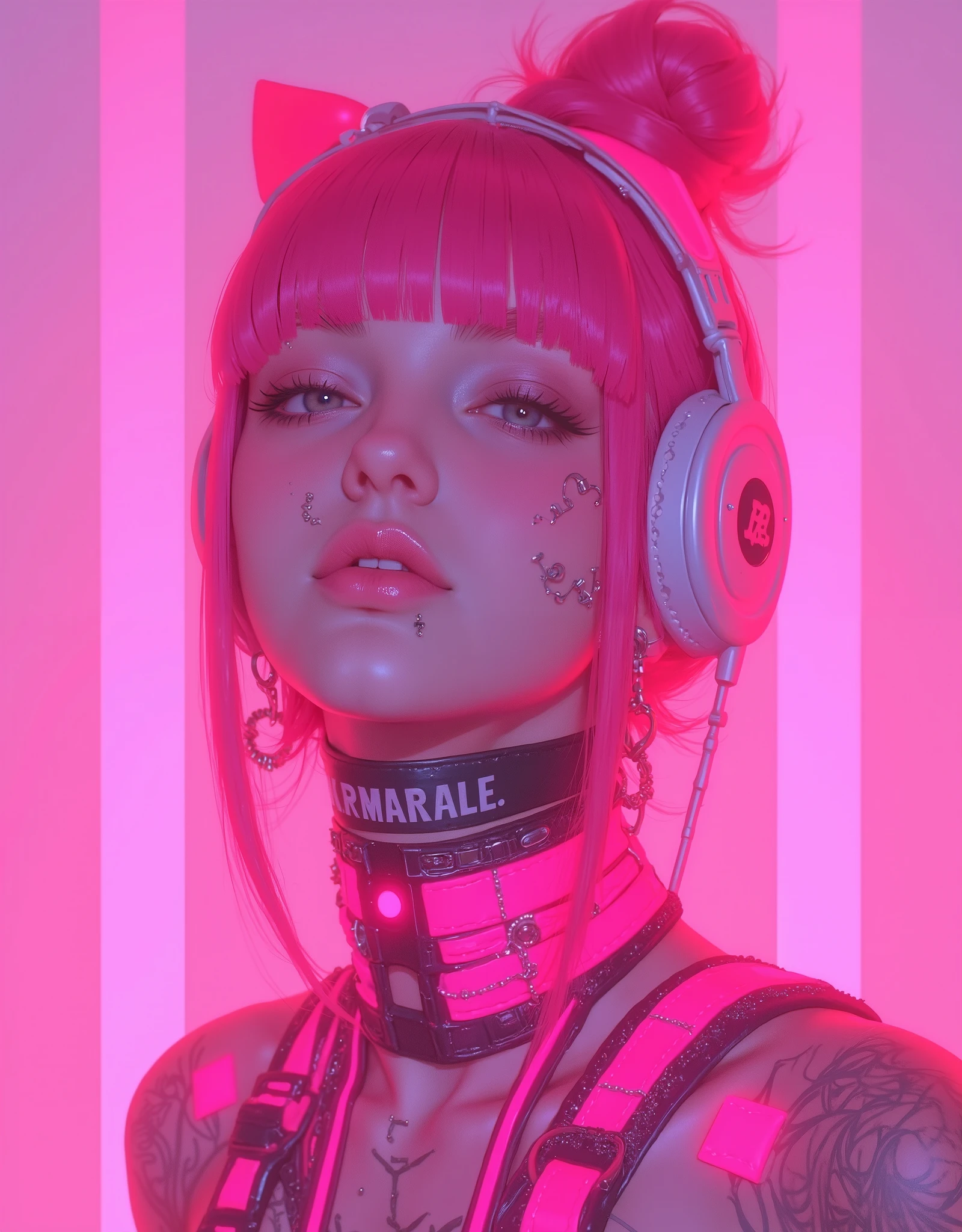 a close up of a woman with pink hair and piercings, cyberpunk vibes, cyberpunk art style, bright cyberpunk glow, aesthetic cyberpunk, cyberpunk vibe, cyberpunk aesthetic, cyber aesthetic, cyberpunk aesthetics, hyper-realistic cyberpunk style, glowing pink face, cyberpunk horror style, in cyberpunk aesthetic, inspired by Yanjun Cheng, neonpunk, neon cyberpunk style, dark neon punk