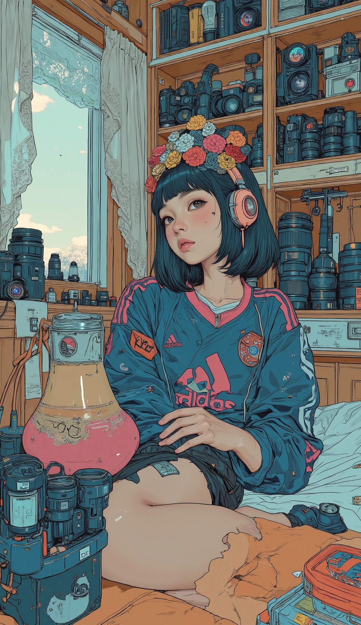 Japanese high school girl relaxing in her room , Traditional painting , by Shinoda Toko , by Ayako Rokkaku , mural, Full page illustration , Japanese painting, Comic stills , artwork , dark blue and burgundy album jacket , lace curtains、A lot of cameras and lenses are lined up, short bob hair、 bangs with lots of flowers 、 Adidas Jersey , headphones, anatomically correct