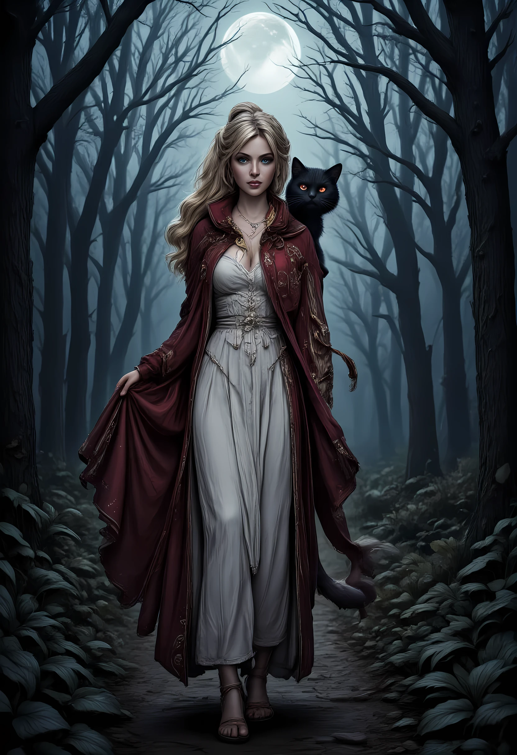 a picture of a female elf and her pet epic cat traveling on the forest road, an exquisite beautiful female elf (ultra details, Masterpiece, best quality), blond hair, pale skin, hair in a ponytail, long hair, blue eyes, smirking, wearing white dress (ultra details, Masterpiece, best quality), red cloak, in dark fantasy forest at night, with a cat (ultra details, Masterpiece, best quality: 1.5) the cat has red glowing eyes, dark trees, the moon is high in the sky, best anatomy, high details, best quality, 16k, [ultra detailed], masterpiece, best quality, (extremely detailed), close up, ultra wide shot, photorealistic, RAW, fantasy art, dnd art, fantasy art, realistic art,((best quality)), ((masterpiece)), (detailed), perfect face, RAW, dark fantasy art, gothic art, hyp3rd3tail style, 