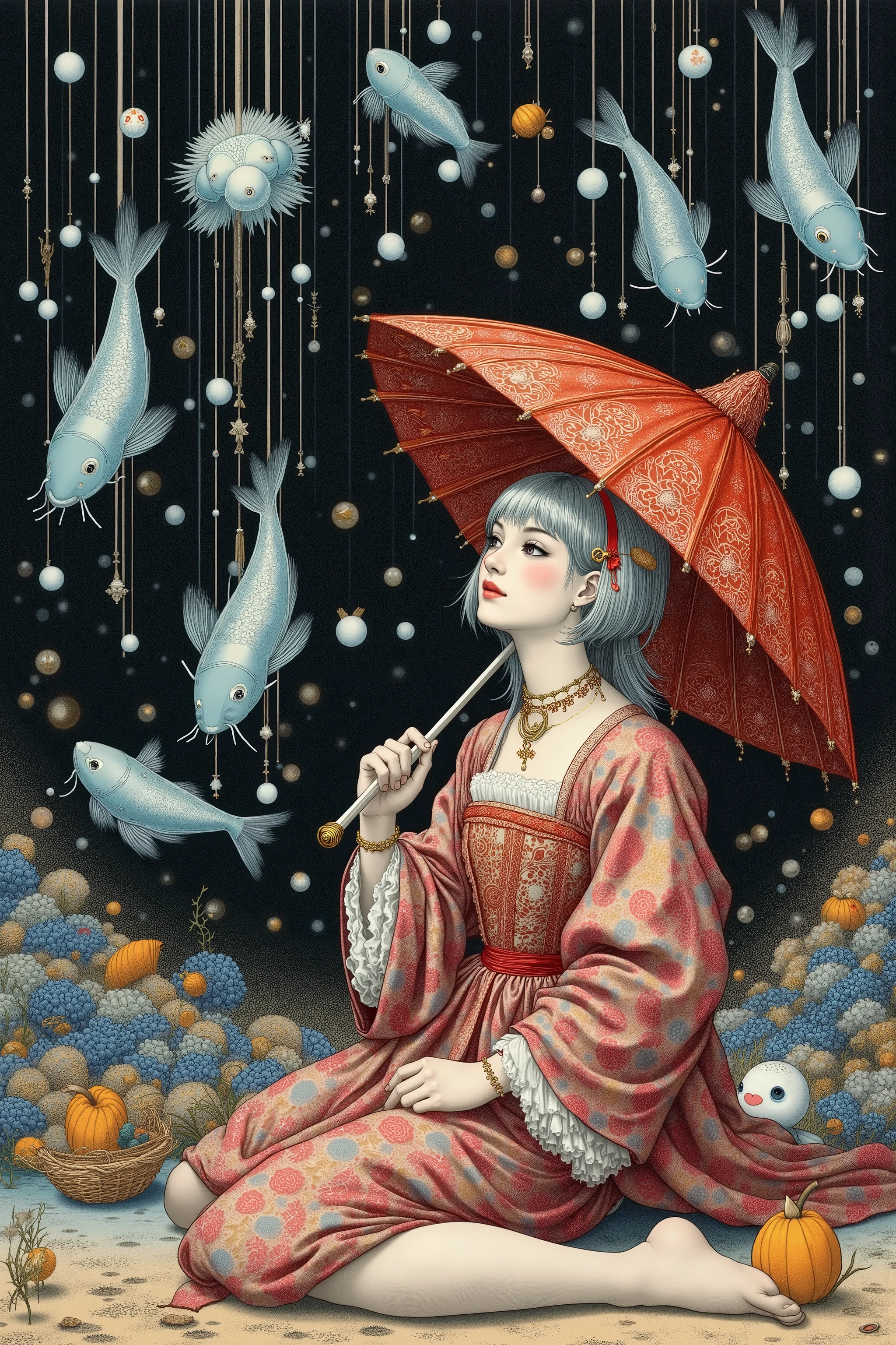 (Ultra-detailed face, looking away, Fantasy Illustration with Gothic, Ukiyo-e, Comic Art, The effect shimmers like in water), BREAK (This is a very dark deep-sea seabed where no light reaches. Translucent, blue-white, luminescent, elongated fish and jellyfish are swimming. Tiny blue-white luminescent dust particles are falling like rain, leaving trails through the water.), (Marine Snow:1.3), BREAK (A dark sea elf woman sits on the dark ocean floor with her back to the viewer, her legs stretched out on the sand of the sea floor. She holds a red umbrella made of medieval Japanese oil paper open in her hand. She looks up at the luminous dust waving in the sea. She has sleepy eyes and a half-open mouth full of bubbles. Her hair and clothes sway with the currents.), BREAK (A young-aged dark elf woman with silver color hair, blunt bangs, bob cut and dark pale color skin, lavender color eyes. She wears smoky makeup around her eyes.), BREAK (The dark sea elf woman wears a tiara made of pink coral and a crimson silk teddy dress with lace and embroidery. She wears an anklet with a heart motif on the ankle of her bare foot.)