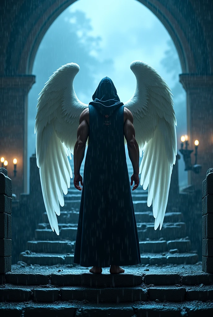 dynamic pose of a winged human wearing a hooded robe on a rooftop. this man gives an equal parts majestic and monstrous impression with their hidden physique, wicked features, and hidden face alongside their brown wings, white robes, and stature