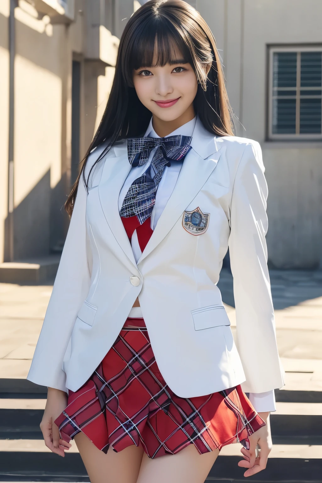 (Girl Standing On School Steps),(surreal)、(enlightenment)、(High resolution)、(8K)、(very detailed)、(best illustrations)、(beautiful detailed eyes)、(highest quality)、(super detailed)、(masterpiece)、(wall-）、（detailed face）、solo、1 girl、looking at the viewer、Detailed、detailed face、in the dark night、deep shadow、low key、Pure erotic face ace_V1、laughter、length、black shawl straight hair、46 point diagonal bangs,female student、(white blazer,emblem on the chest)、white blouse、red bow tie、(bright colored mini skirt,plaid)、laughter,((My skirt flies up in the wind)),plump sleeves、wrist cuffs、grab the skirt、self lift:1.3),mix４、(Colorful panties are visible under the skirt),((smile))