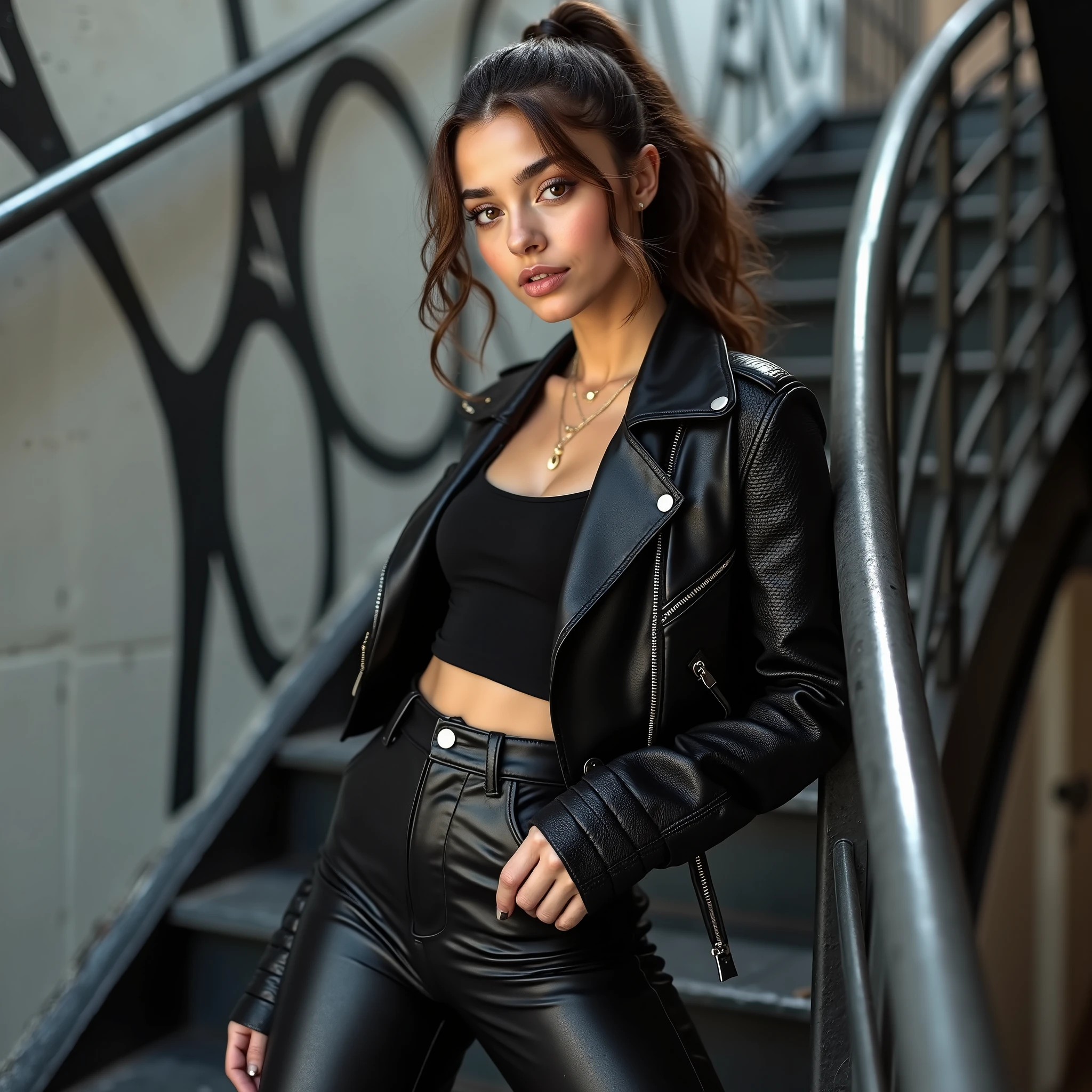 Mix between Selena Gomez and Jenna Ortega, masterpiece, ultra-realistic 8K. Éliana Morel captivates with her delicate features, radiant hazel eyes, and naturally wavy brown hair, embodying timeless elegance and ethereal beauty.”
Scene Description:
Éliana leans casually on a modern industrial staircase, her posture radiating effortless confidence. She’s dressed in high-waisted, sleek black leather pants that hug her silhouette perfectly, paired with a cropped black leather jacket with textured sleeves and subtle metallic zippers. Underneath, a simple, fitted black top peeks through, adding to the chic and edgy aesthetic. Her hair is styled into a high ponytail with a few loose strands framing her face, adding a touch of softness to her bold look.
Details of the Environment:
The setting captures the essence of urban minimalism—a modern staircase with sharp metallic railings set against a backdrop of abstract street art in monochrome tones. The environment enhances the mood of sleek sophistication, drawing attention to Éliana’s striking figure.
Atmosphere:
A mix of natural and artificial lighting creates a dramatic play of highlights and shadows, emphasizing the glossy texture of her leather outfit and the natural glow of her skin. The soft focus in the background contrasts with the sharp detail of her ensemble, creating a cinematic and high-fashion feel.
Artistic Goal:
The image is rendered in stunning ultra-realism, showcasing intricate details like the stitching of her leather jacket, the shine of her pants, and the soft texture of her hair. The composition focuses on Éliana’s confident and captivating aura, merging elegance with urban edge.