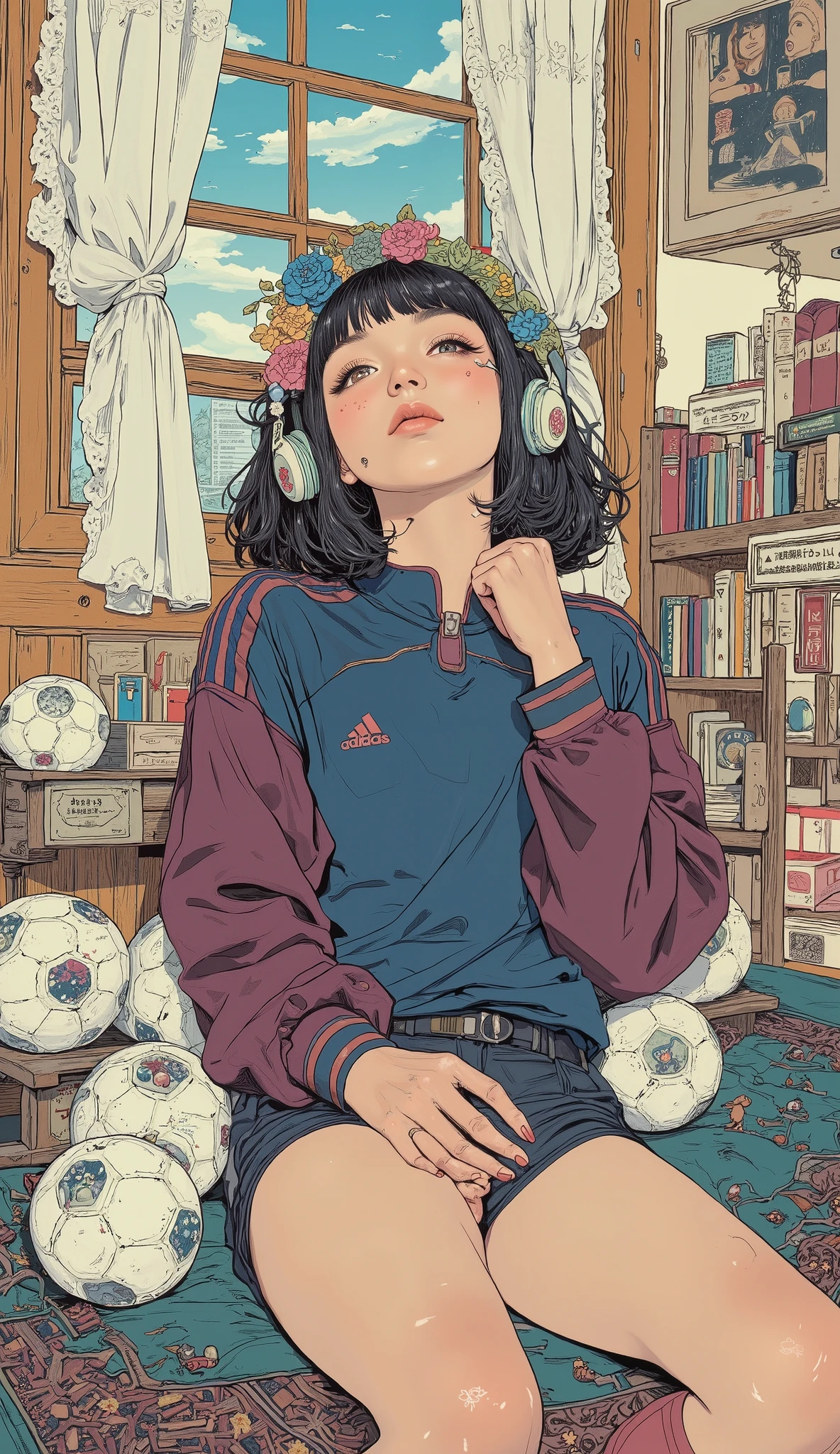 Japanese high school girl relaxing in her room , Traditional painting , by Shinoda Toko , by Ayako Rokkaku , mural, Full page illustration , Japanese painting, Comic stills , artwork , dark blue and burgundy album jacket , lace curtains、Lots of soccer balls lined up, short bob hair、 bangs with lots of flowers 、 Adidas Jersey , headphones, anatomically correct