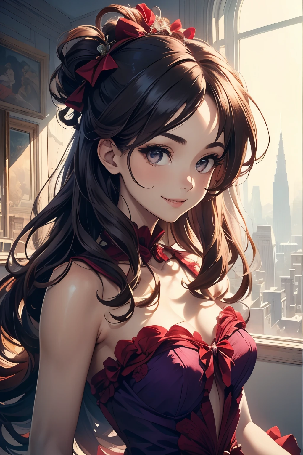 ( inspired by the highest image quality ), ( master over c ), ( More Details ), ( Detailed Eye Description :1.2), Masterpiece, best quality , 1 girl, HaruKanaNami , Very long hair like a bow , Light Purple Hair , Wrench Elegadome , smile,