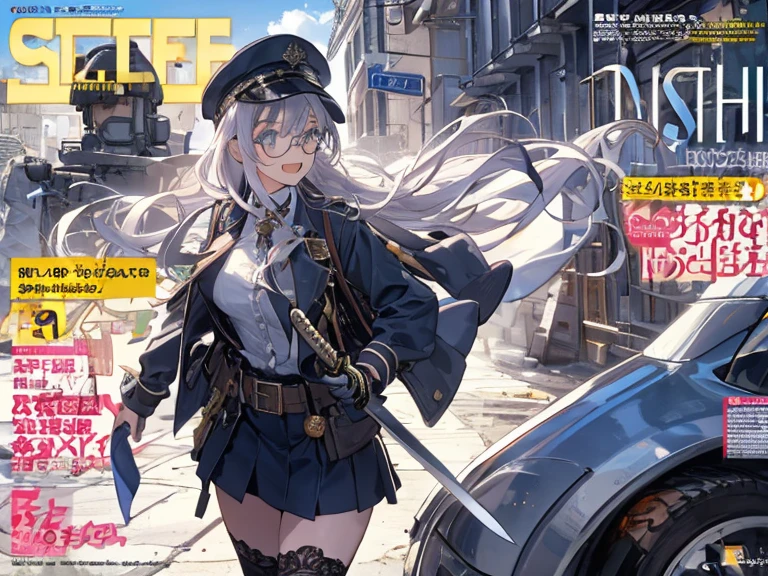 police_uniform,ankle_boots,layered,lace,tight,white_bodystocking,horizontal_stripes,long_sleeves,elbow_gloves,headset,cross,trench_coat,female,smile,huge filesize,