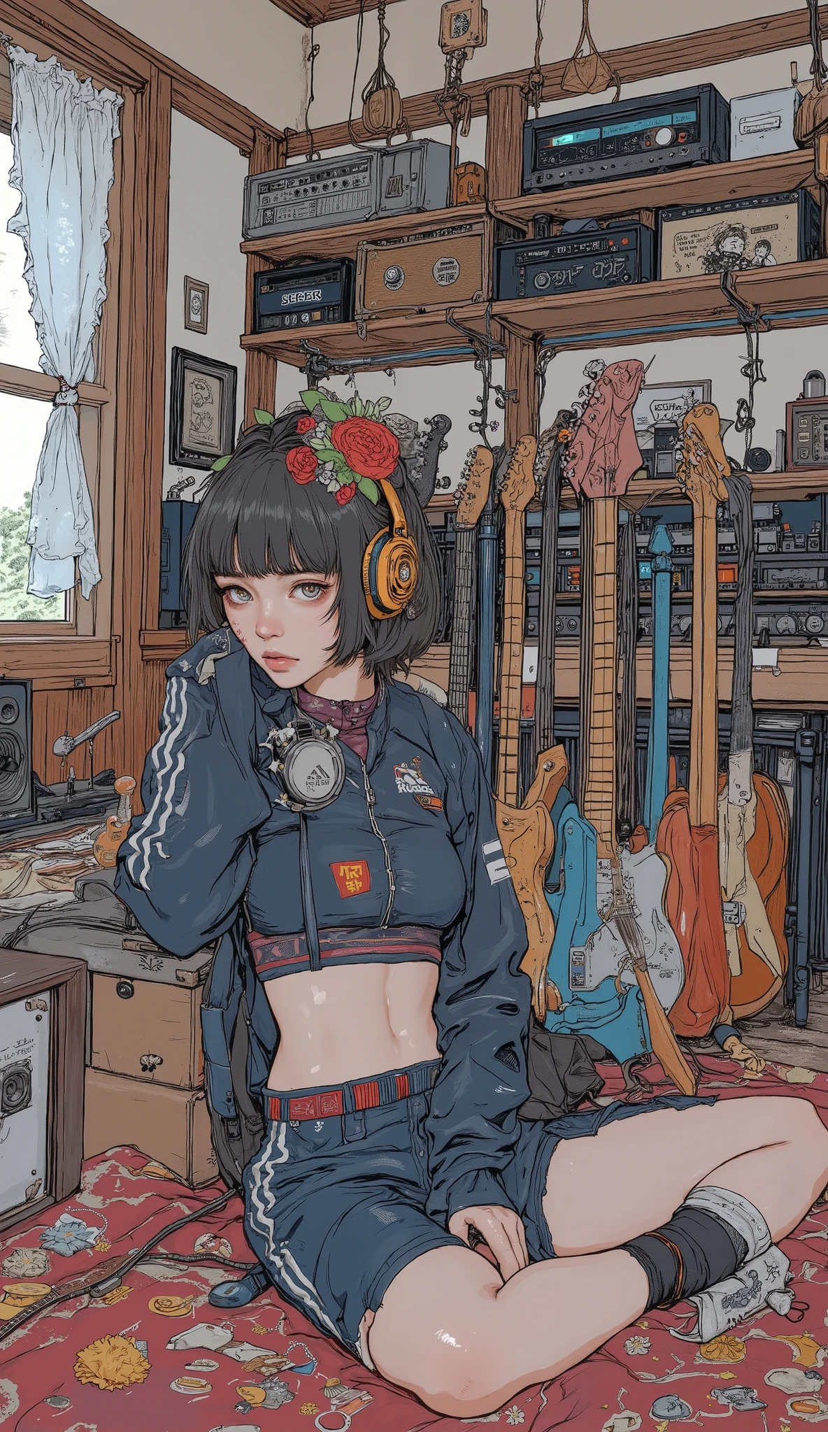 Japanese high school girl relaxing in her room , Traditional painting , by Shinoda Toko , by Ayako Rokkaku , mural, Full page illustration , Japanese painting, Comic stills , artwork , dark blue and burgundy album jacket , lace curtains、Lots of electric guitars and amplifiers are lined up, short bob hair、 bangs with lots of flowers 、 Adidas Jersey , headphones, anatomically correct