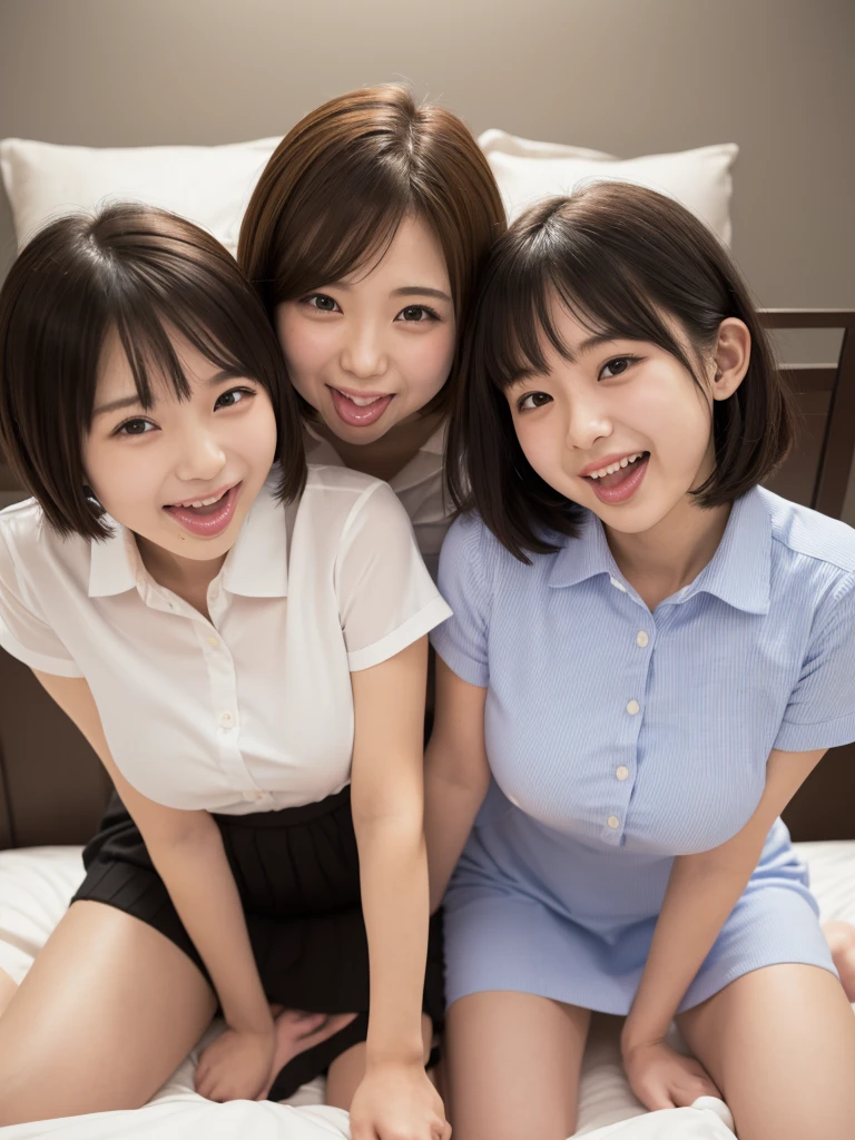 (Two women)、(Looking at me with a smile)、(Big Breasts)、(Nobody background)、(whole body)、Showing her side、forward leaning posture、Short Hair、(A tight pink sleeveless shirt with buttons and a collar)、(Micro Skirt)、(Cowboy Shot)、(View from the bed)、(Spread your legs to show your vagina:1.5)
